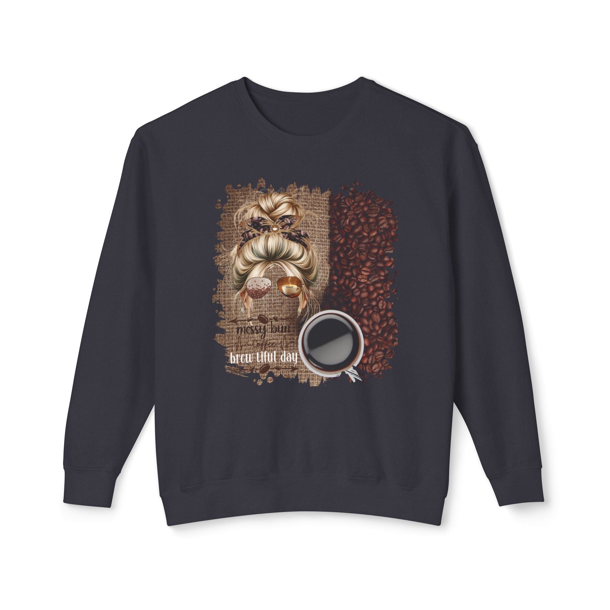 Coffee Heartbeat, Coffee Beans Bag, Blond Hair Messy Bun, Unisex Lightweight Crewneck Sweatshirt