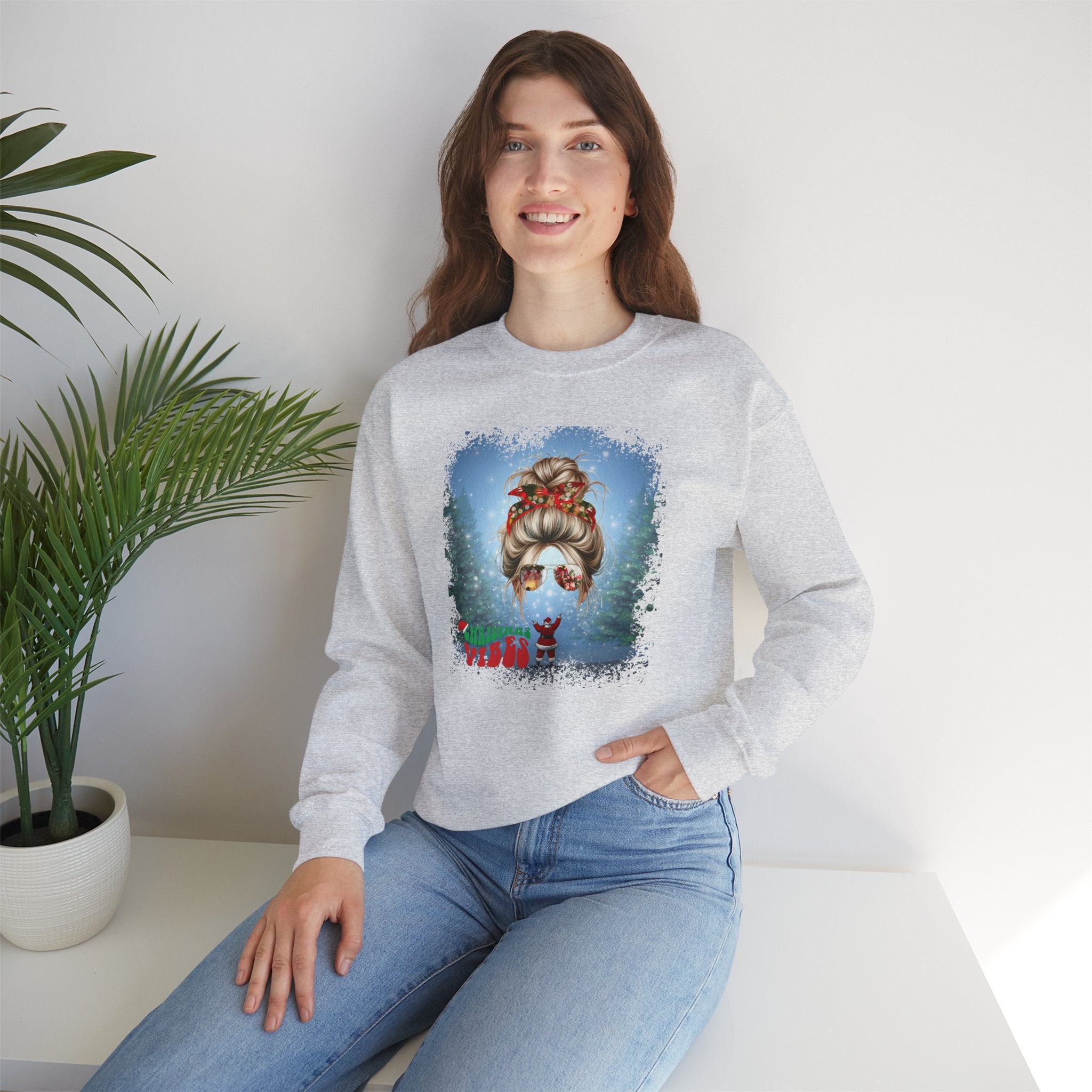 Christmas Vibes Santa, Blond Hair Messy Bun, Unisex Heavy Blend™ Crewneck Sweatshirt