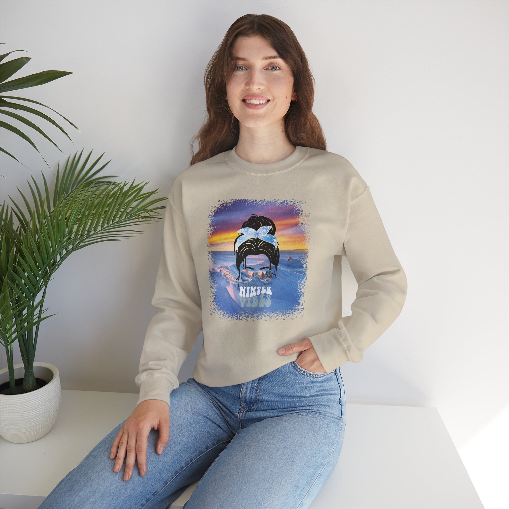 Winter Vibes Winter Mountain, Dark Hair Messy Bun, Unisex Heavy Blend™ Crewneck Sweatshirt