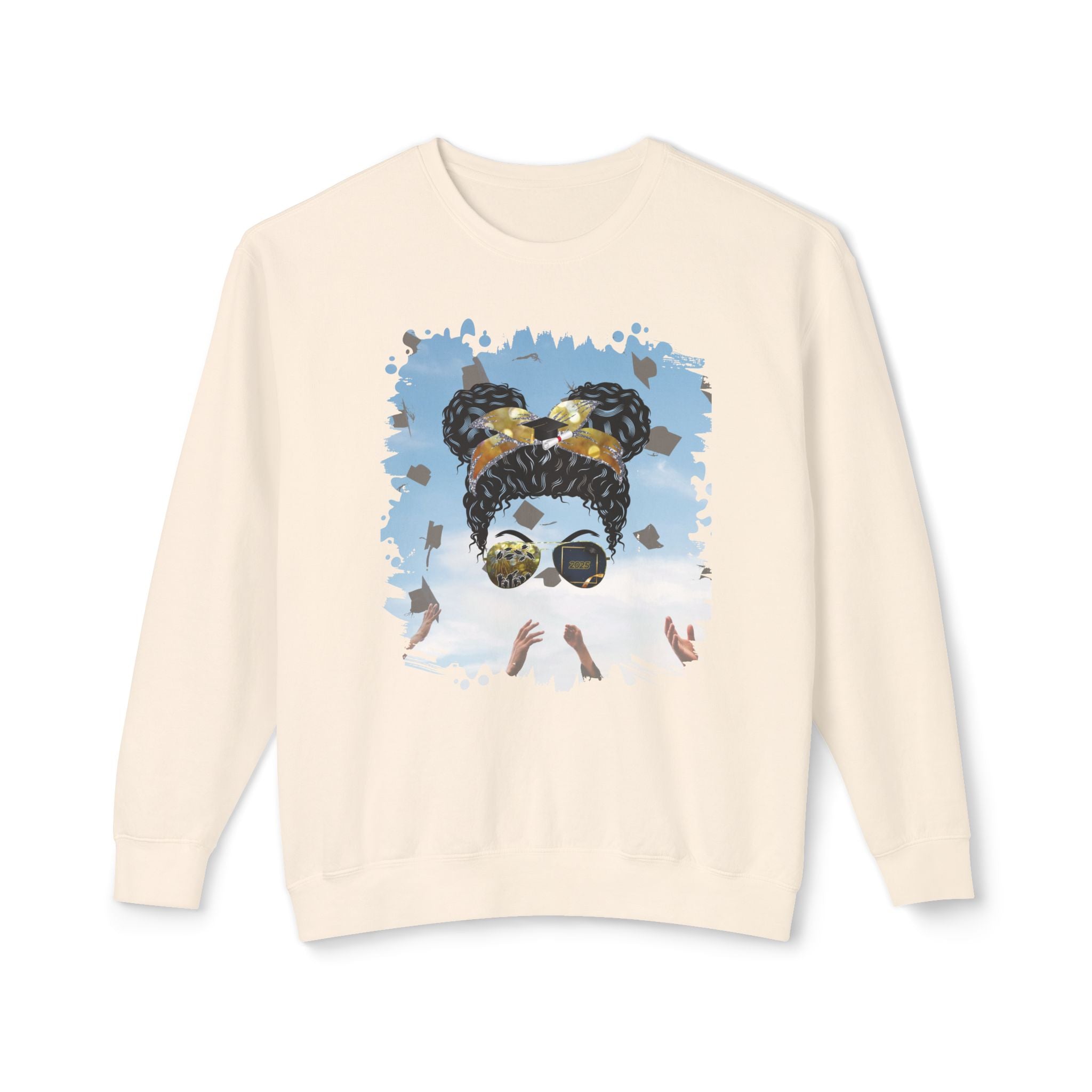 Celebration, Black Hair Messy Bun, Unisex Lightweight Crewneck Sweatshirt