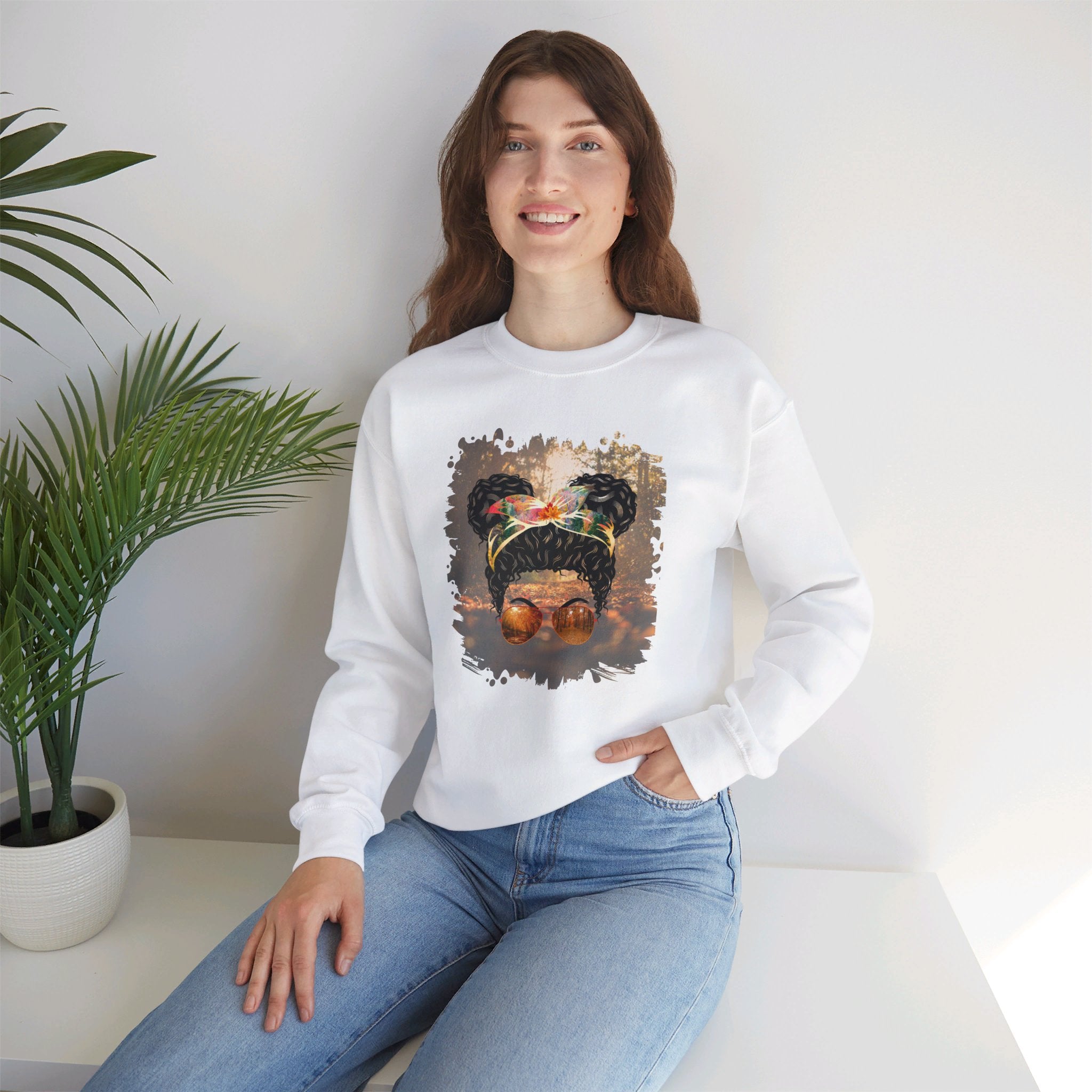 Fall Forest, Black Hair Messy Bun, Unisex Heavy Blend™ Crewneck Sweatshirt