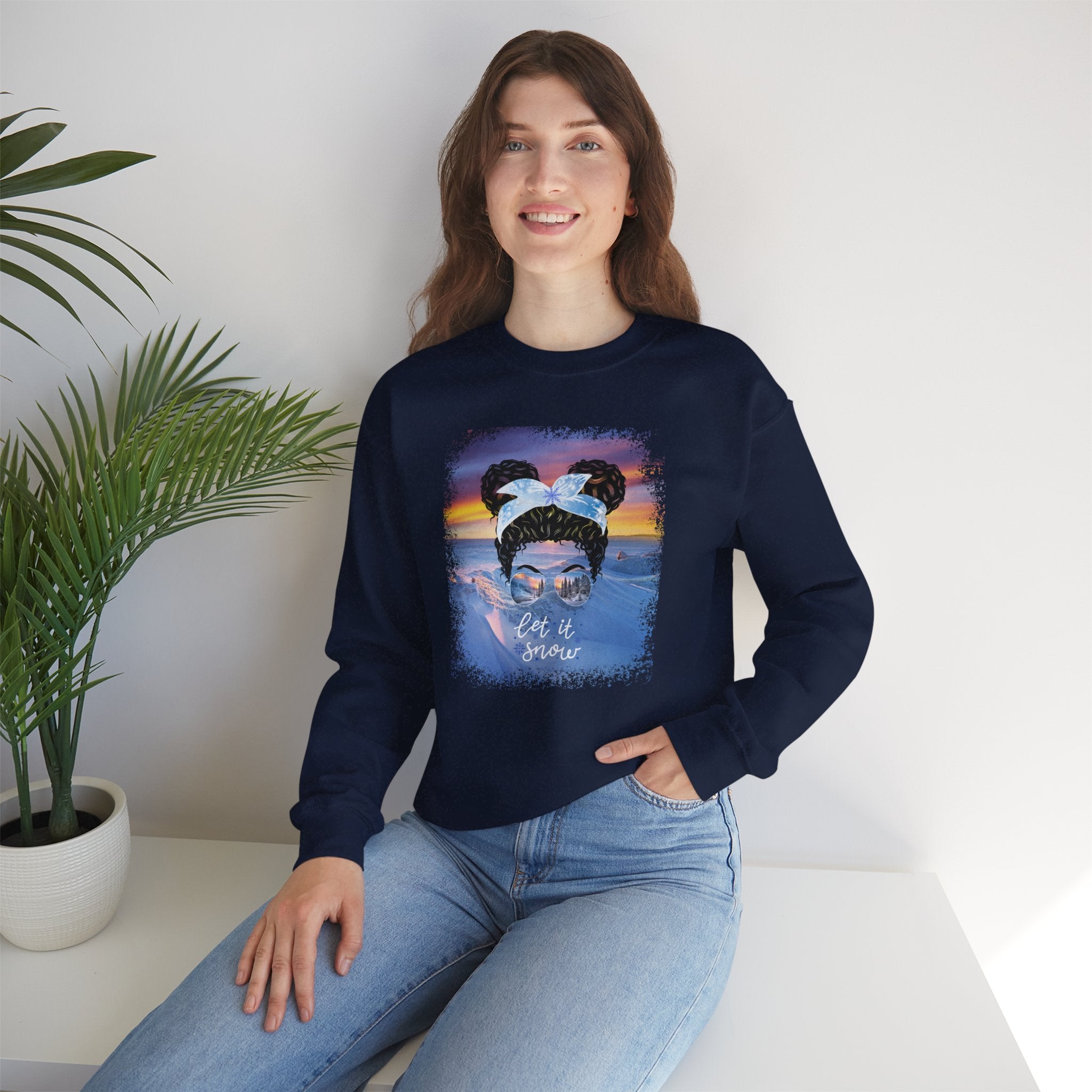 Let it Snow Winter Mountain, Black Hair Messy Bun, Unisex Heavy Blend™ Crewneck Sweatshirt