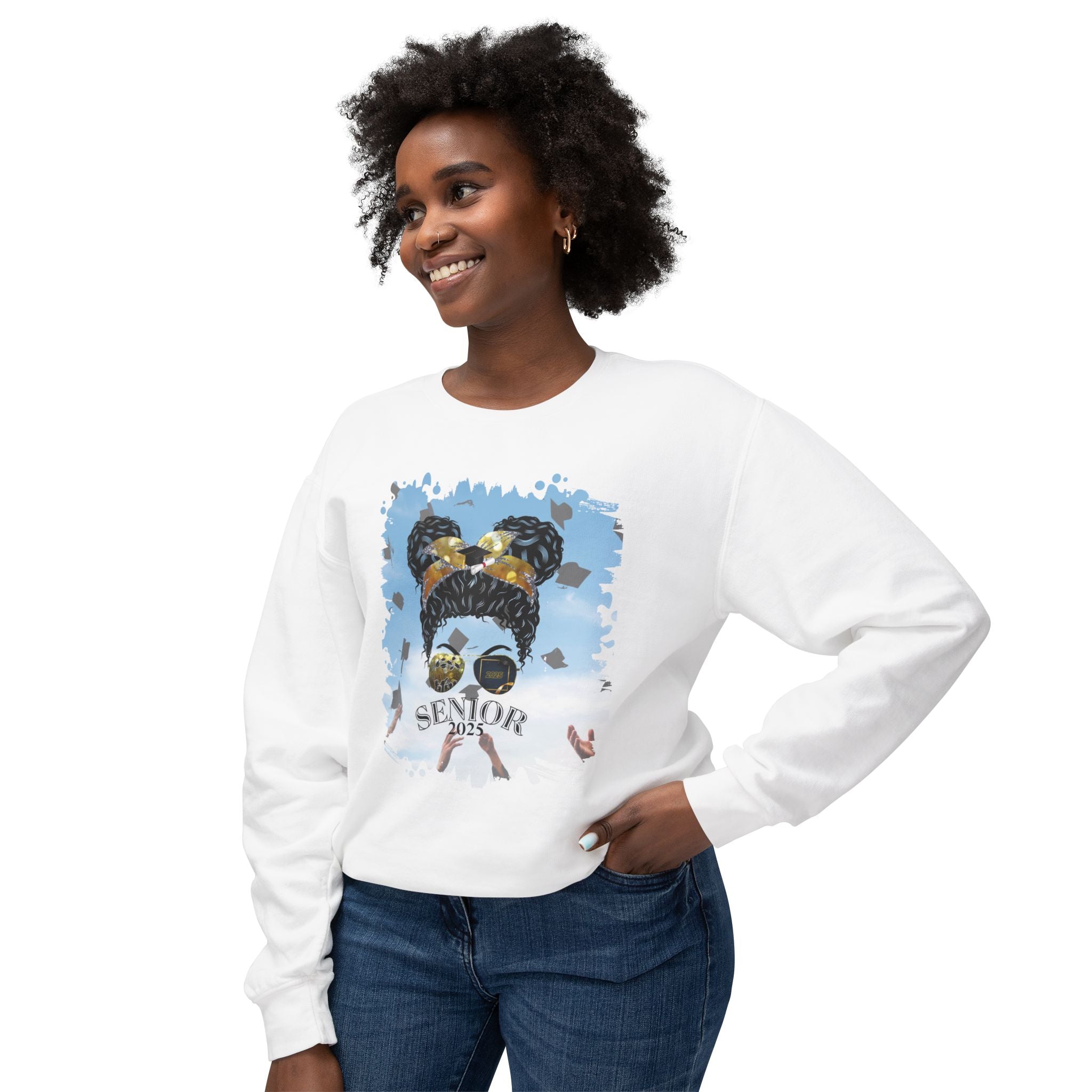 Senior 2025, Celebration, Black Hair Messy Bun, Unisex Lightweight Crewneck Sweatshirt