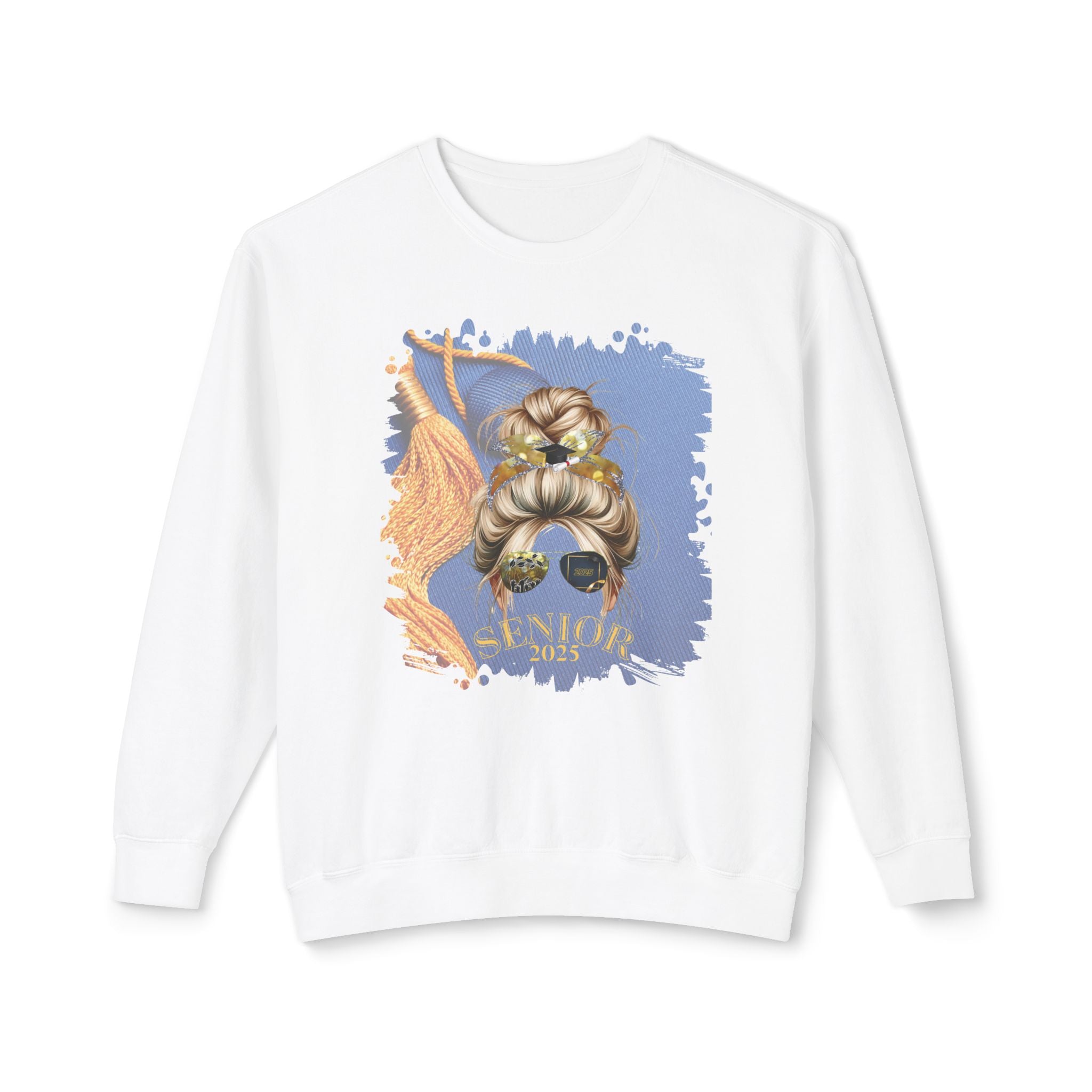 Senior 2025, Graduation Cap, Blond Hair Messy Bun, Unisex Lightweight Crewneck Sweatshirt