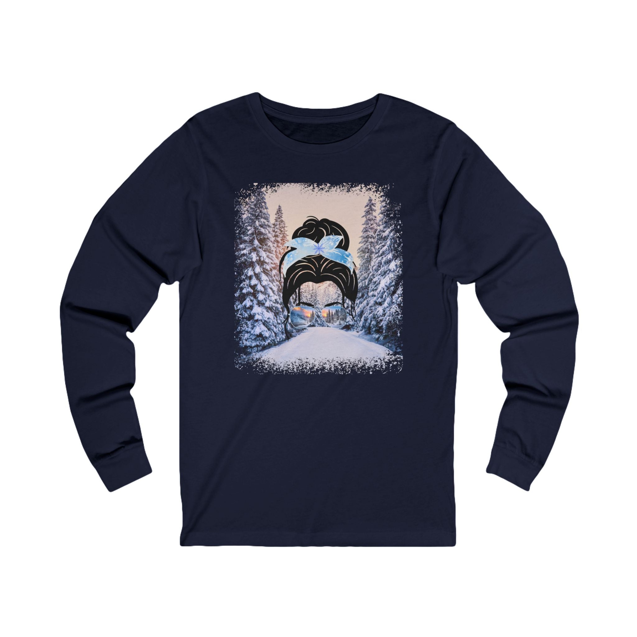 Winter Trail, Dark Hair Messy Bun, Unisex Jersey Long Sleeve Tee