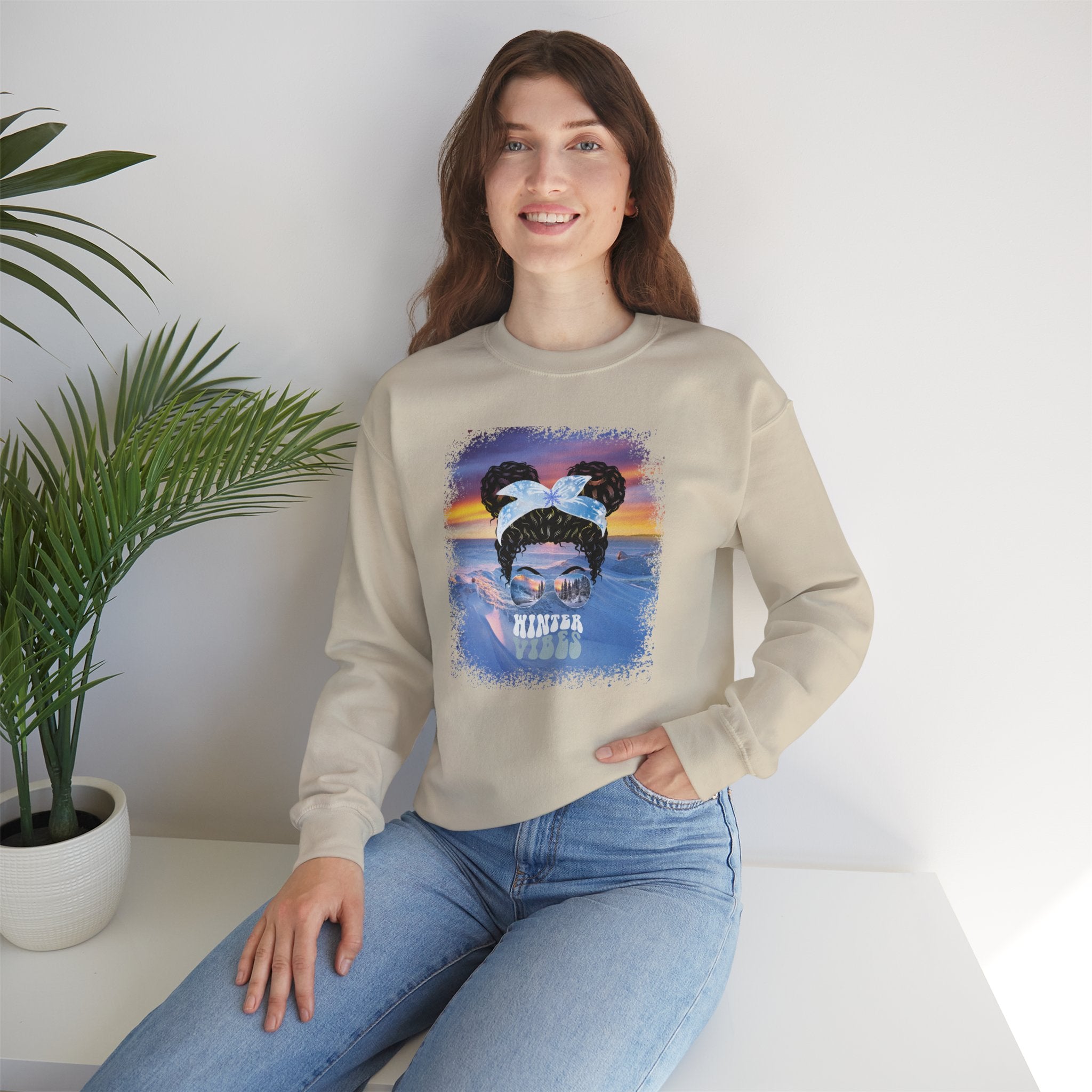 Winter Vibes Winter Mountain, Black Hair Messy Bun, Unisex Heavy Blend™ Crewneck Sweatshirt