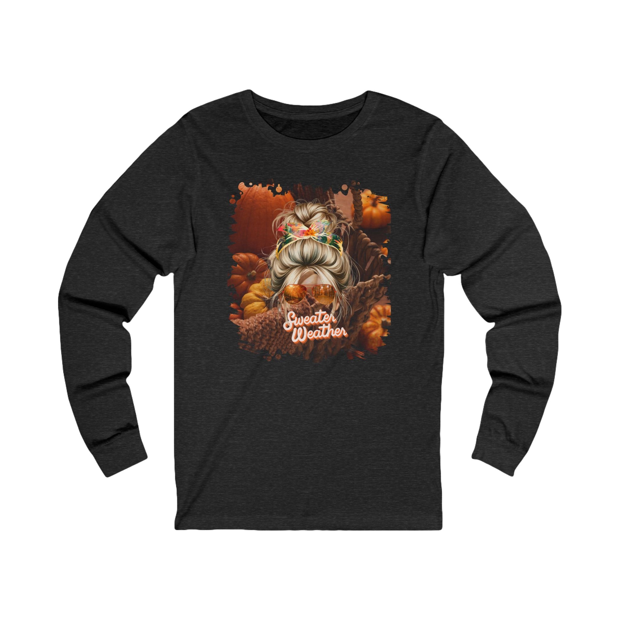 Sweater Weather Fall Pumpkins, Blond Hair Messy Bun, Unisex Jersey Long Sleeve Tee