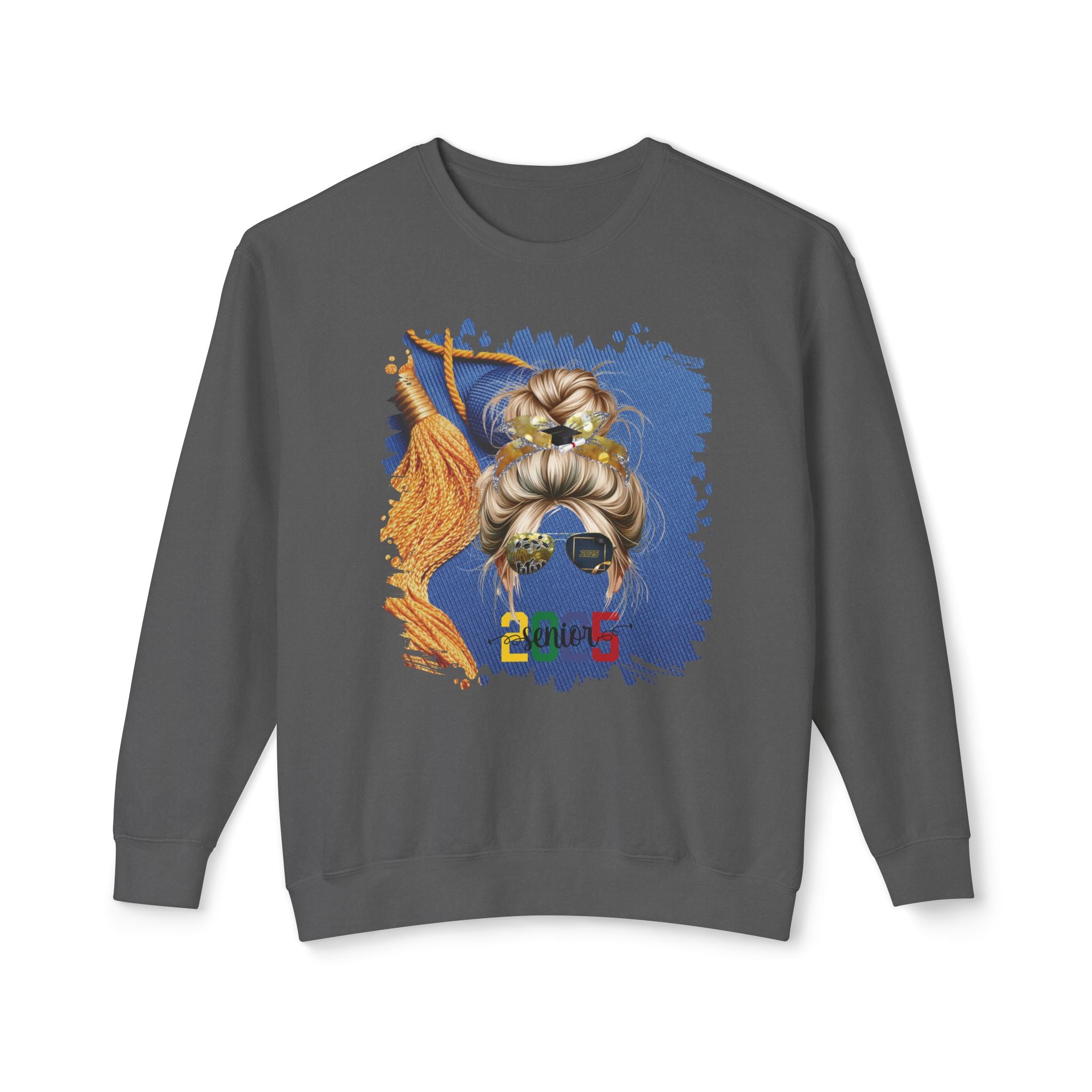 Senior 2025 Colorful, Graduation Cap, Blond Hair Messy Bun, Unisex Lightweight Crewneck Sweatshirt