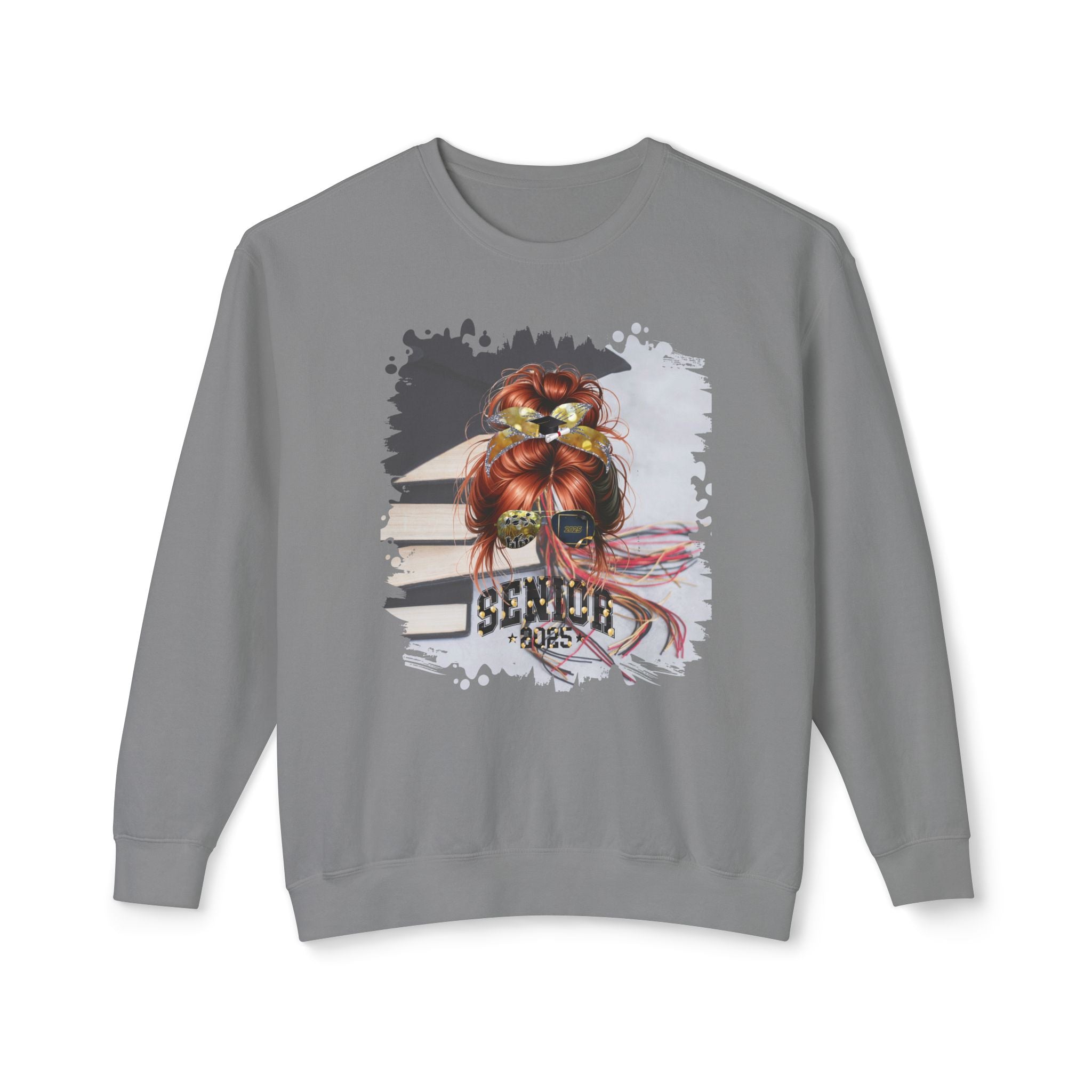 Senior 2025 Balloons, Cap & Books, Red Hair Messy Bun, Unisex Lightweight Crewneck Sweatshirt