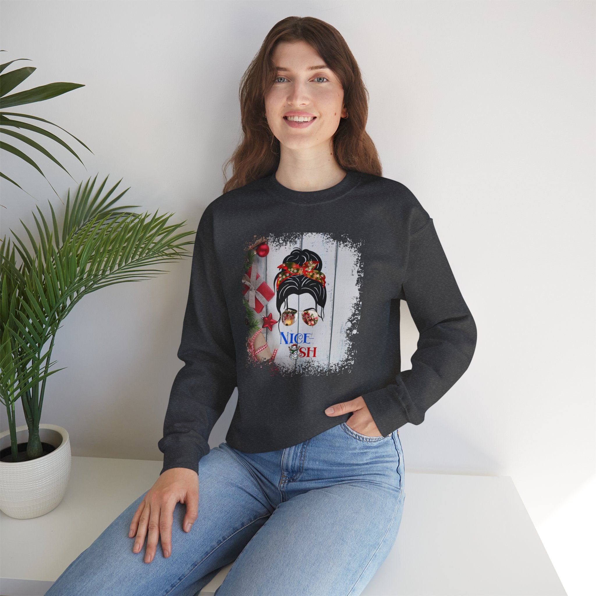 Nice-ish Christmas Presents, Dark Hair Messy Bun, Unisex Heavy Blend™ Crewneck Sweatshirt