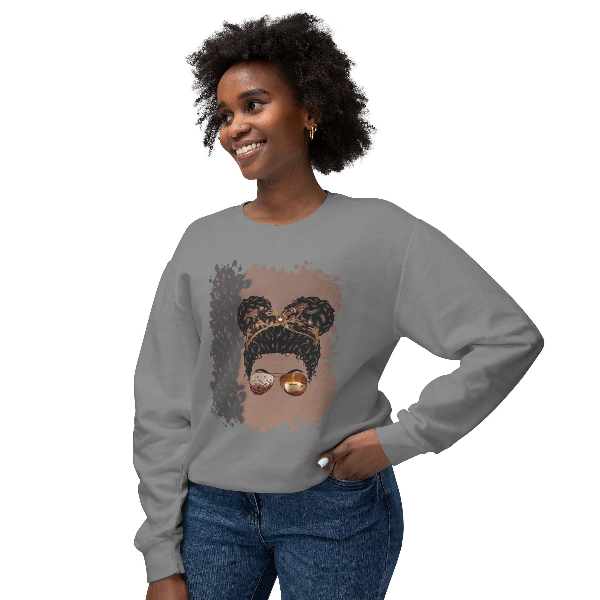 Coffee Beans Shade, Black Hair Messy Bun, Unisex Lightweight Crewneck Sweatshirt