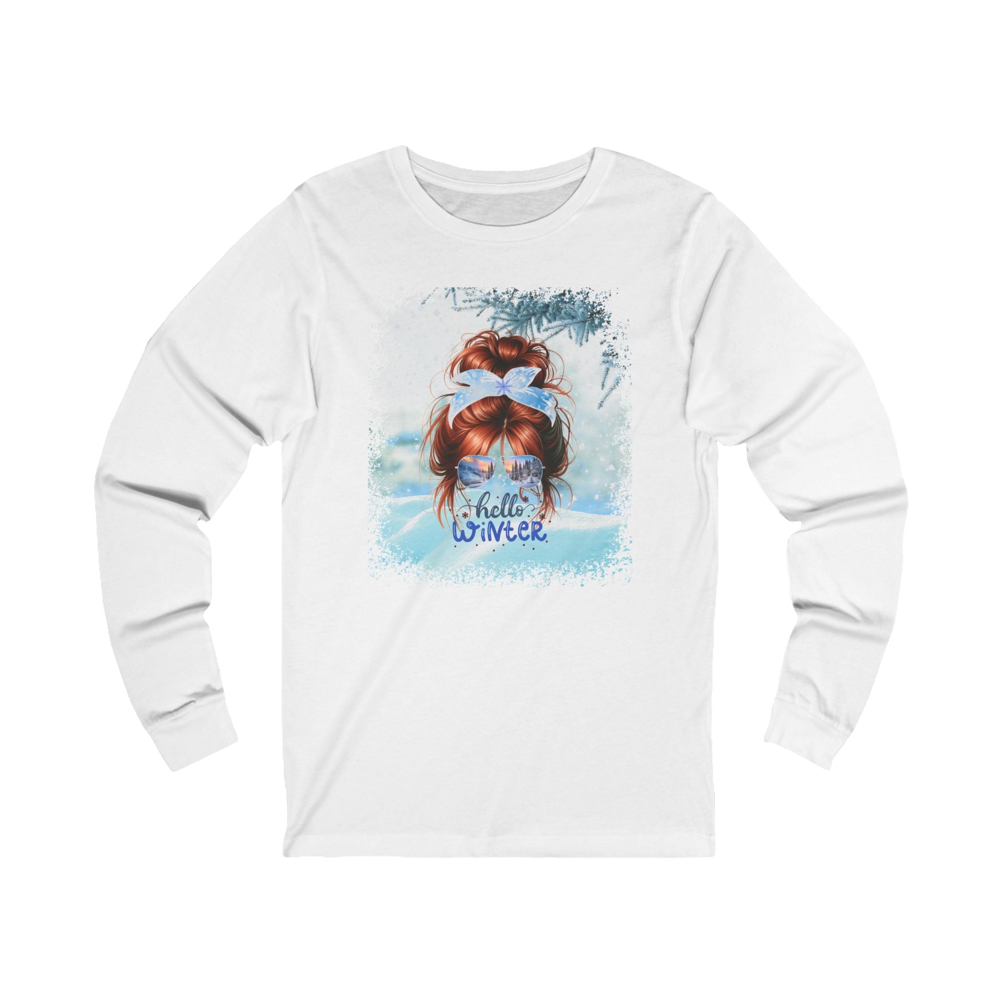 Hello Winter Snow, Red Hair Messy Bun, Unisex Jersey Long Sleeve Tee