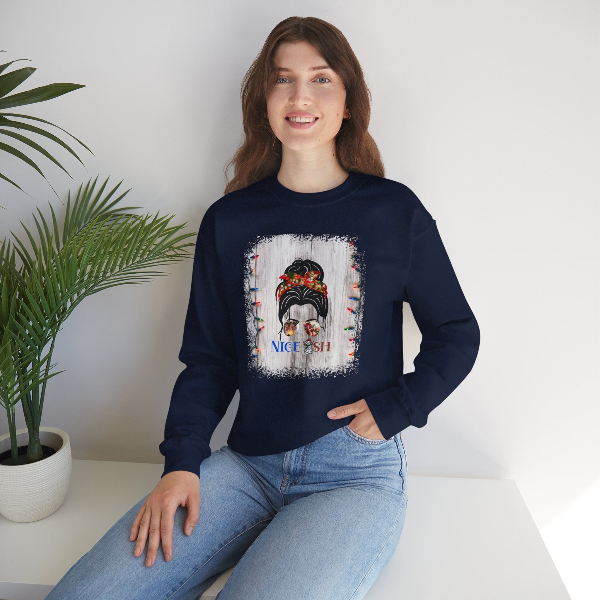 Nice-ish Christmas String Lights, Dark Hair Messy Bun, Unisex Heavy Blend™ Crewneck Sweatshirt