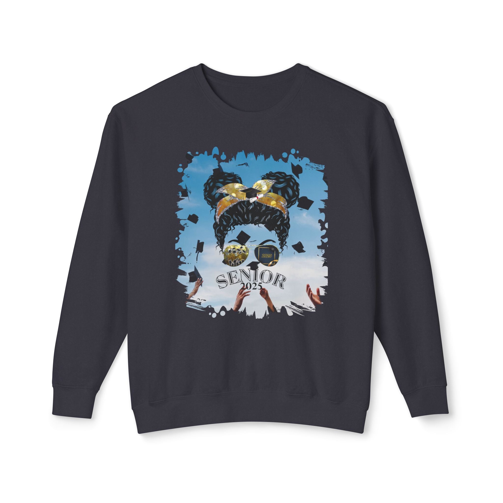 Senior 2025, Celebration, Black Hair Messy Bun, Unisex Lightweight Crewneck Sweatshirt