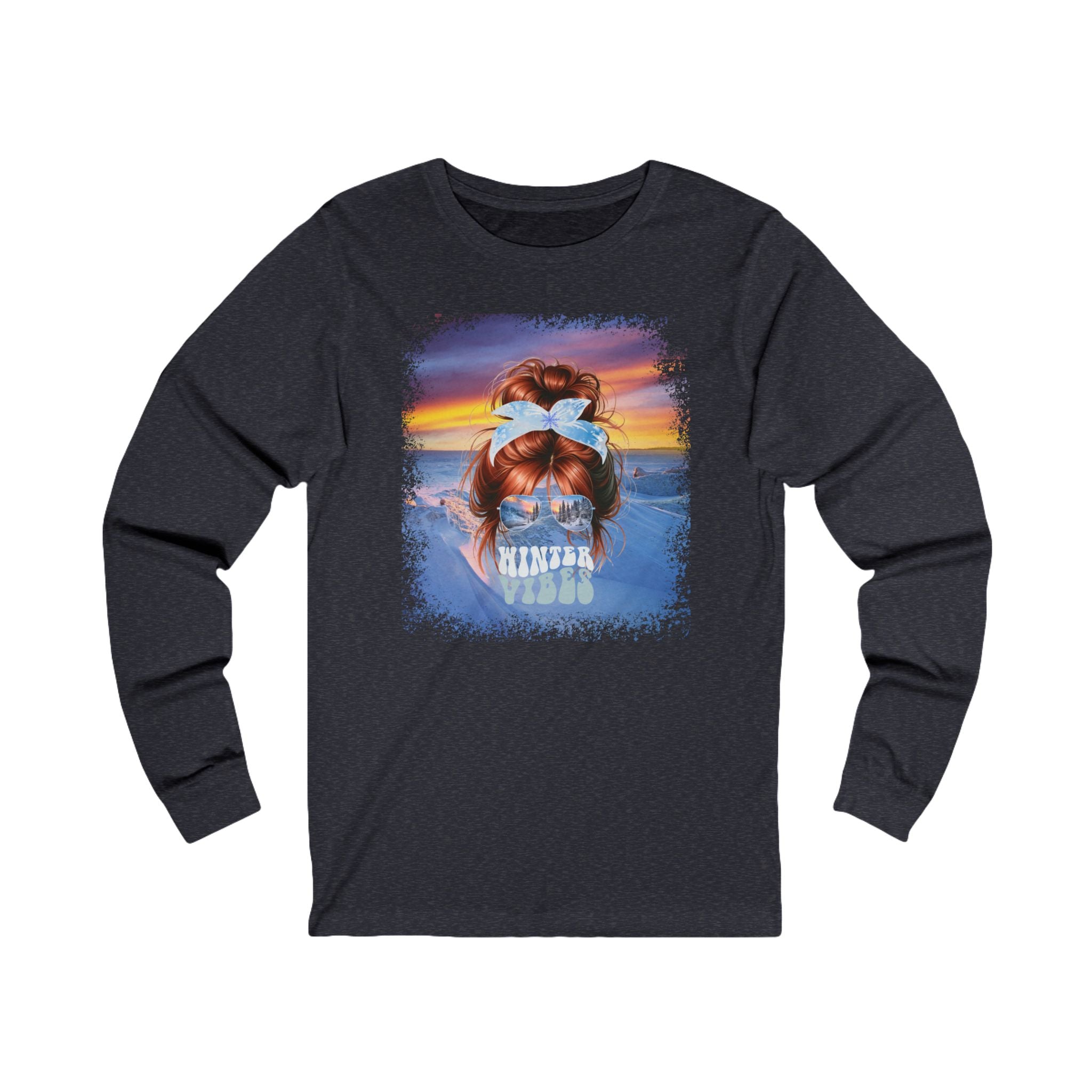 Winter Vibes Winter Mountain, Red Hair Messy Bun, Unisex Jersey Long Sleeve Tee