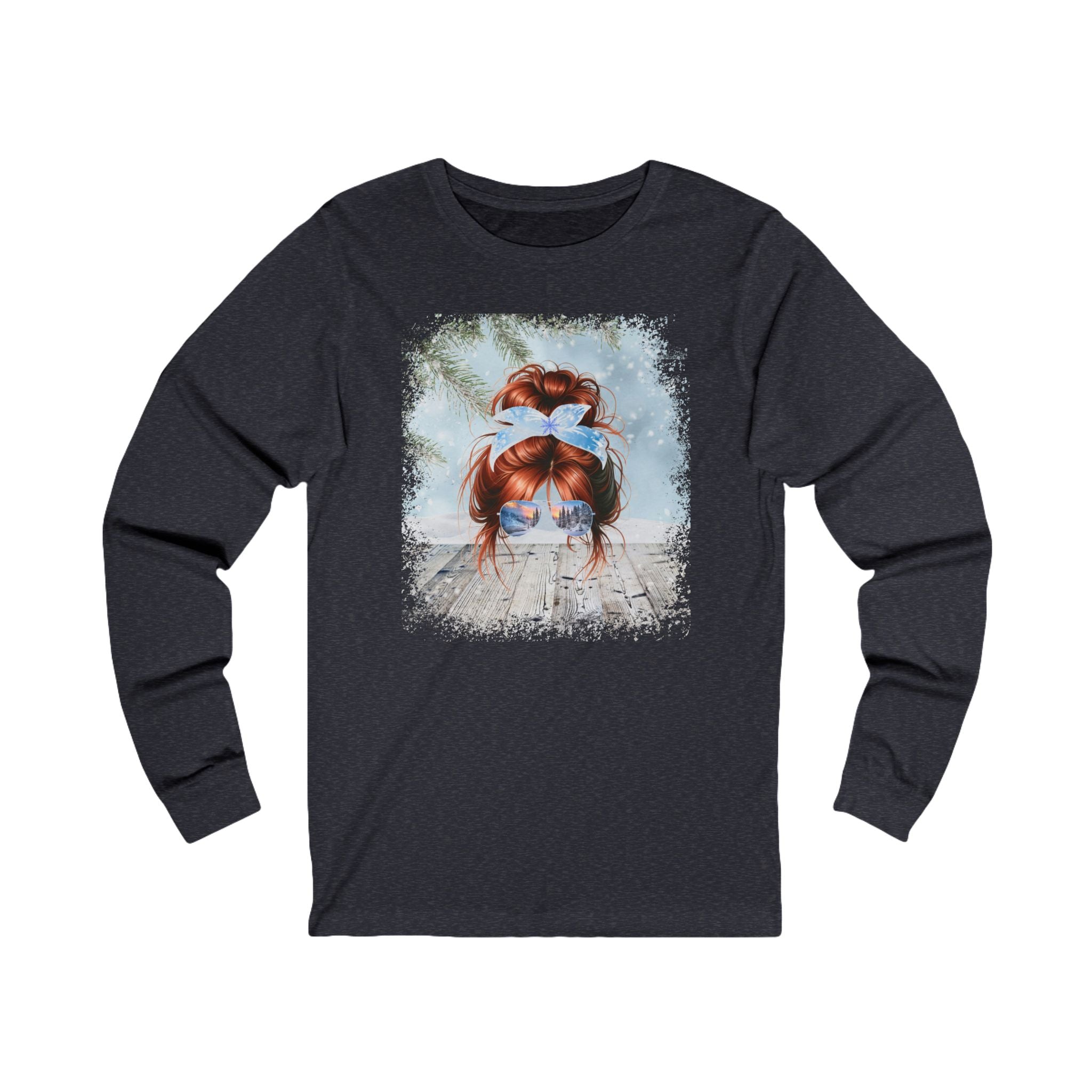 Winter Snowy Porch, Red Hair Messy Bun, Unisex Jersey Long Sleeve Tee