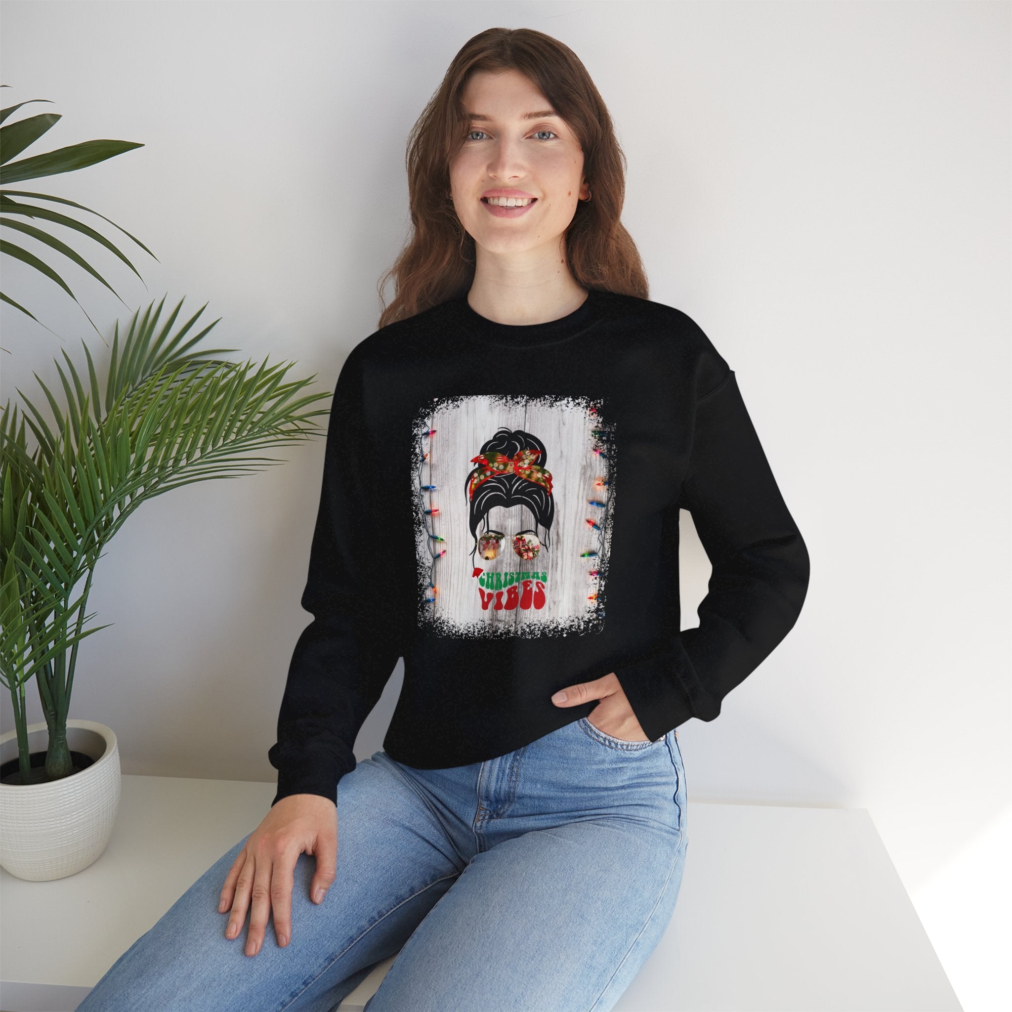 Christmas Vibes Christmas String Lights, Dark Hair Messy Bun, Unisex Heavy Blend™ Crewneck Sweatshirt