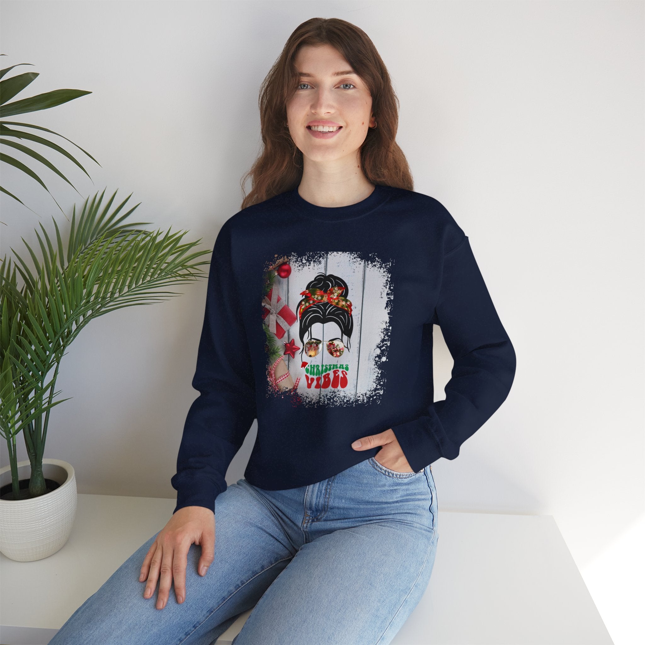 Christmas Vibes Christmas Presents, Dark Hair Messy Bun, Unisex Heavy Blend™ Crewneck Sweatshirt