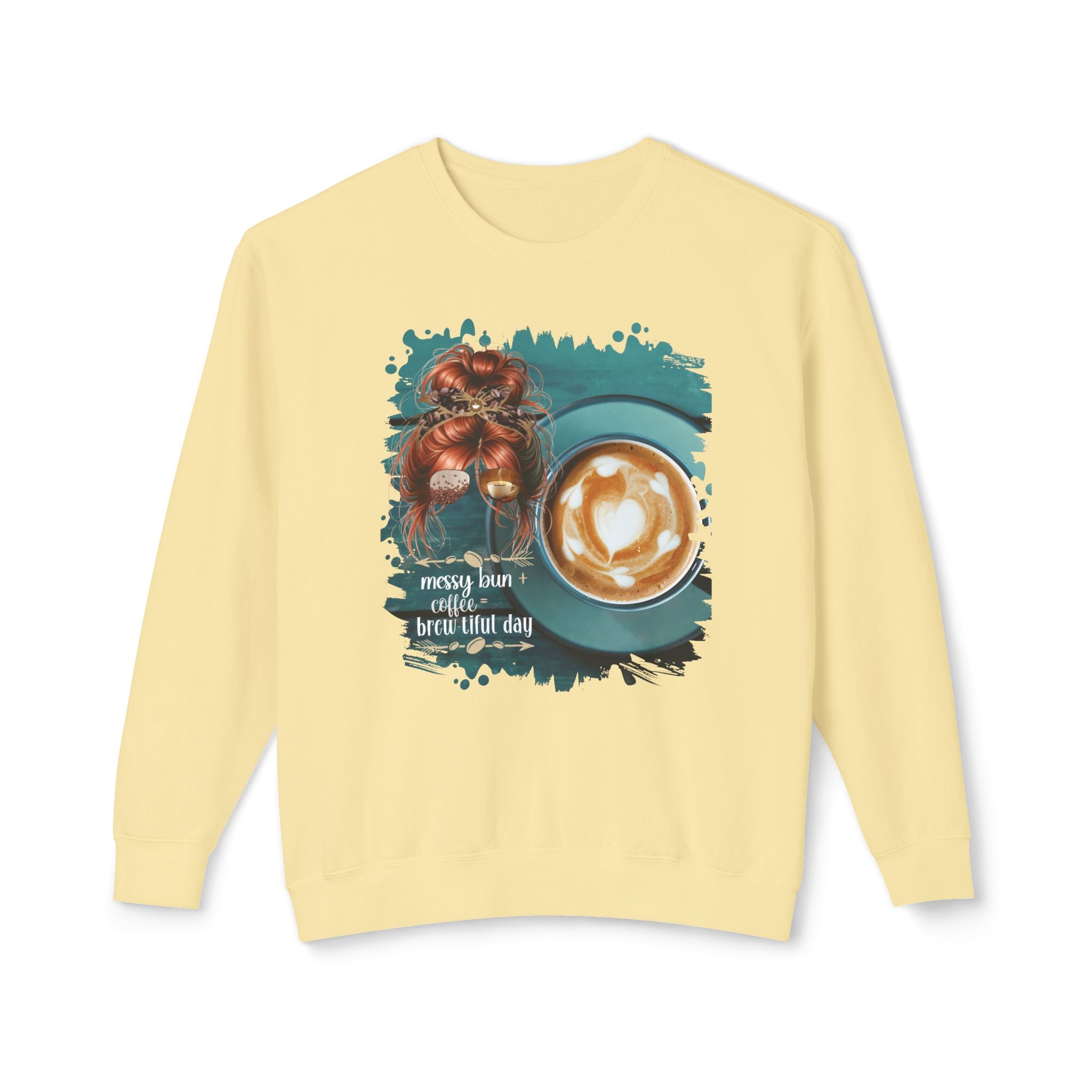 Messy Bun plus Coffee, Coffee Cup, Red Hair Messy Bun, Unisex Lightweight Crewneck Sweatshirt