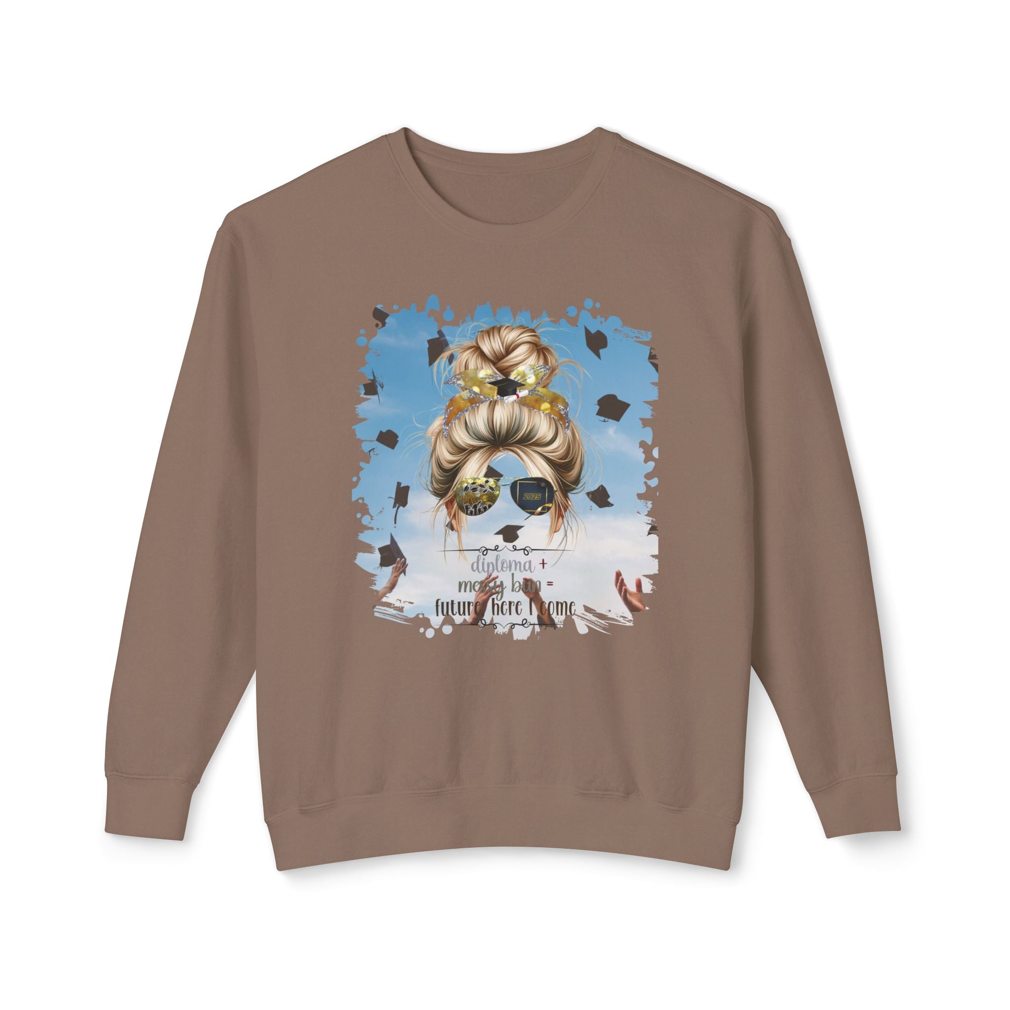 Diploma + Messy Bun, Celebration, Blond Hair Messy Bun, Unisex Lightweight Crewneck Sweatshirt