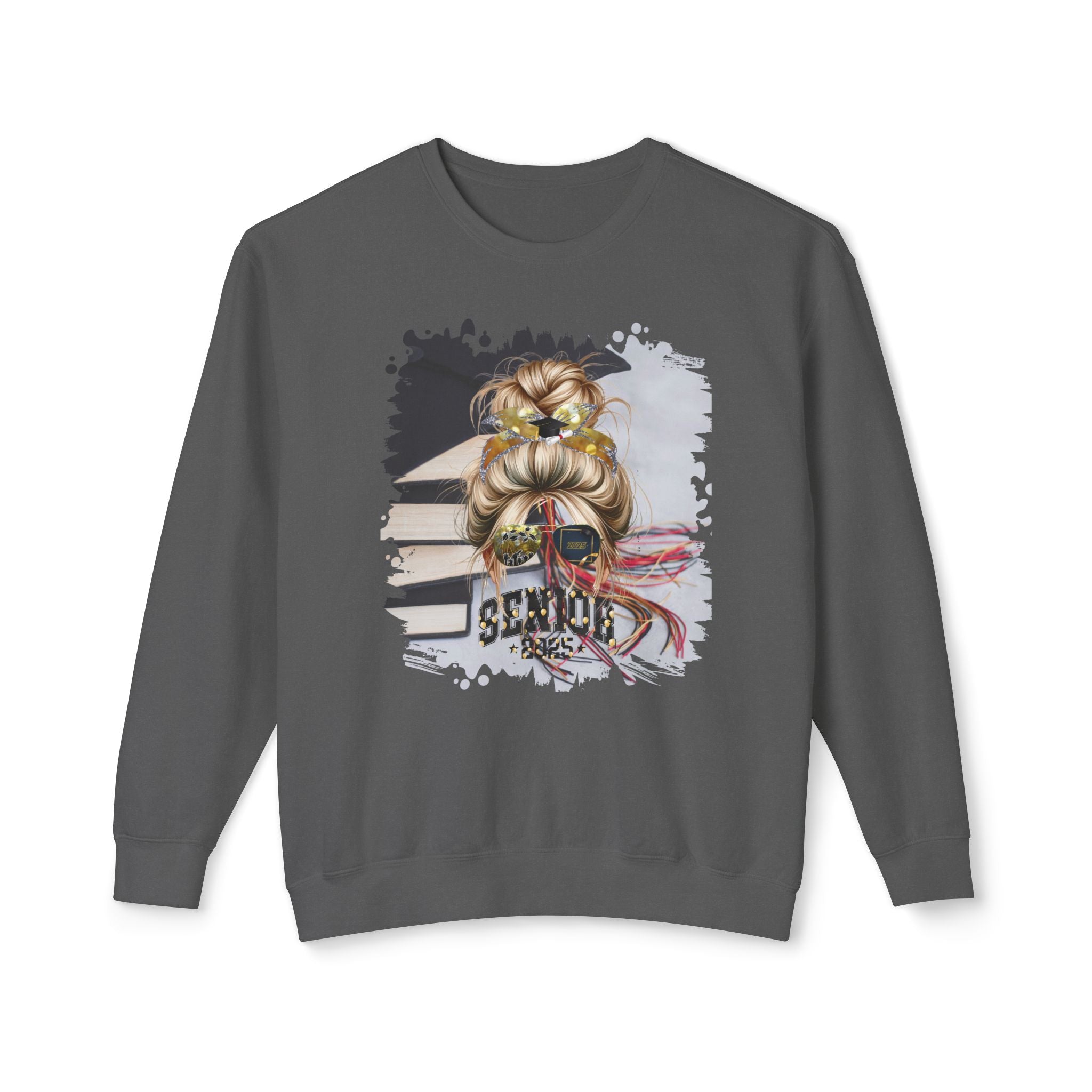 Senior 2025 Balloons, Cap & Books, Blond Hair Messy Bun, Unisex Lightweight Crewneck Sweatshirt