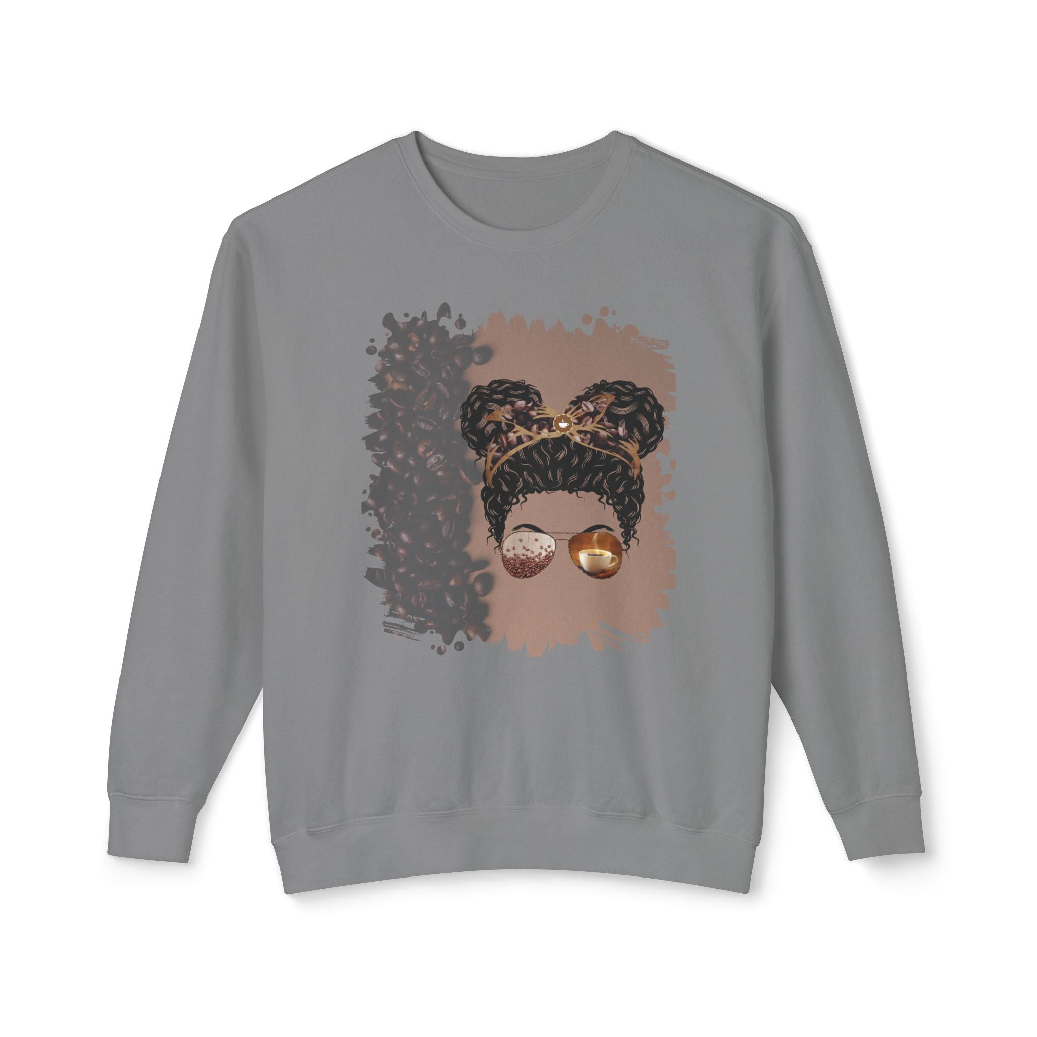 Coffee Beans Shade, Black Hair Messy Bun, Unisex Lightweight Crewneck Sweatshirt