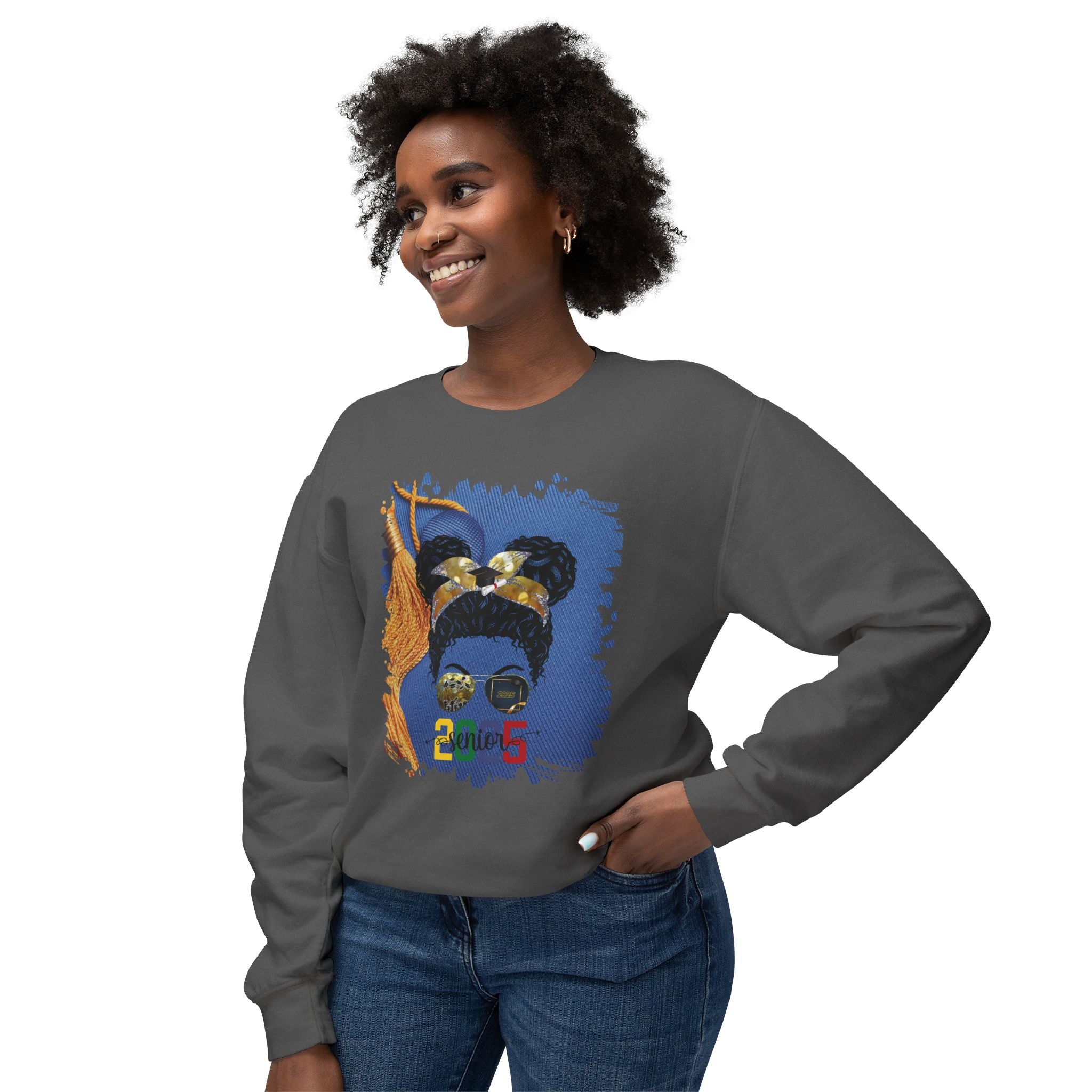 Senior 2025 Colorful, Graduation Cap, Black Hair Messy Bun, Unisex Lightweight Crewneck Sweatshirt