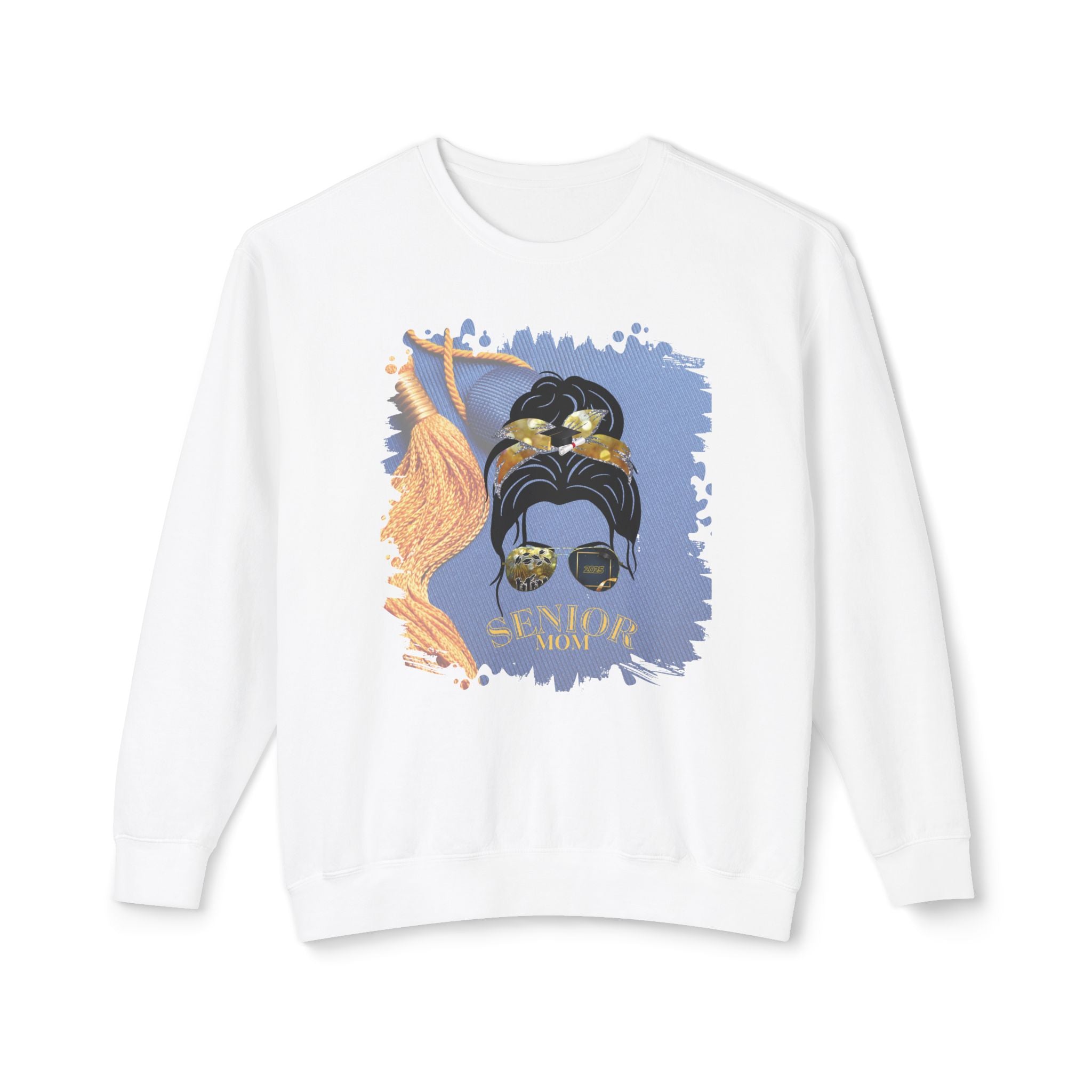 Senior Mom, Graduation Cap, Dark Hair Messy Bun, Unisex Lightweight Crewneck Sweatshirt