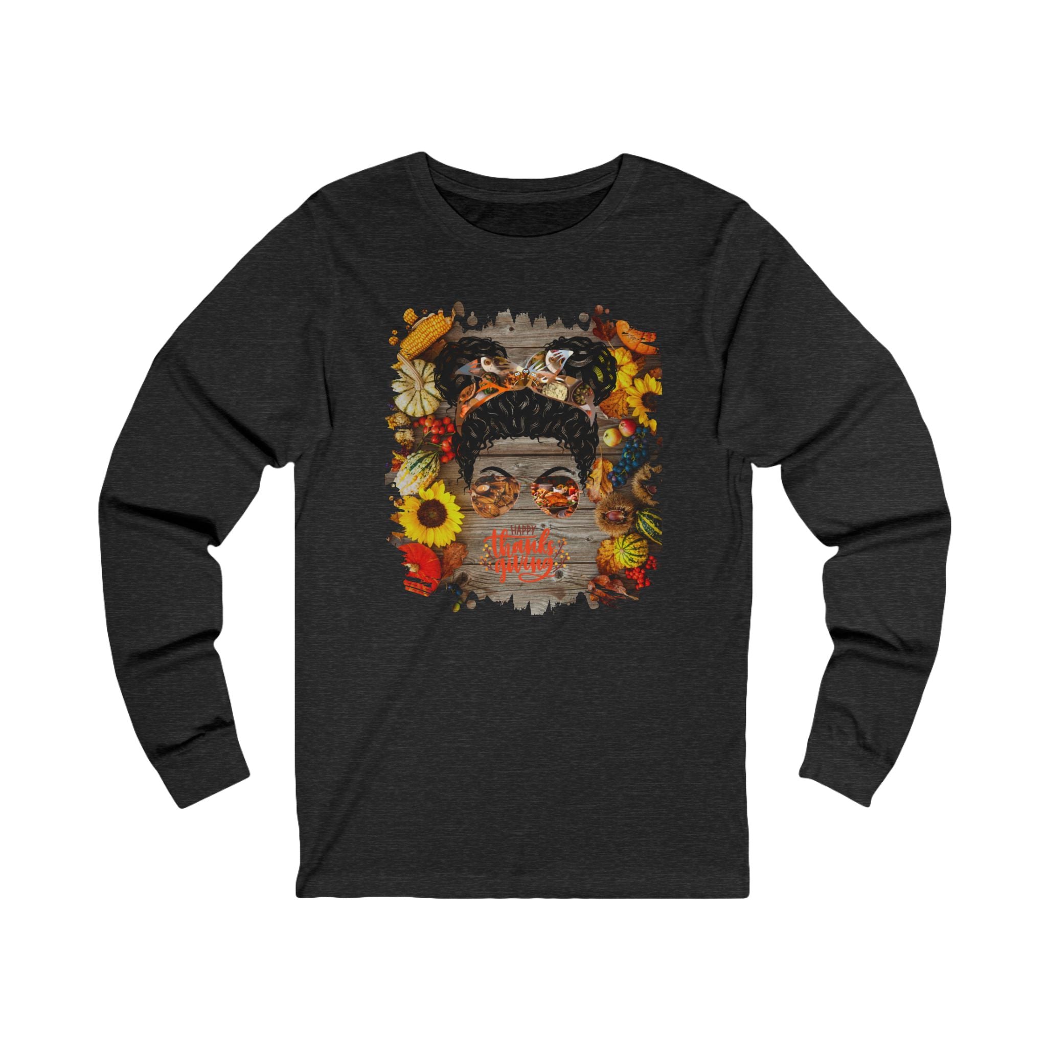 Happy Thanksgiving Decorated Background, Black Hair Messy Bun, Unisex Jersey Long Sleeve Tee