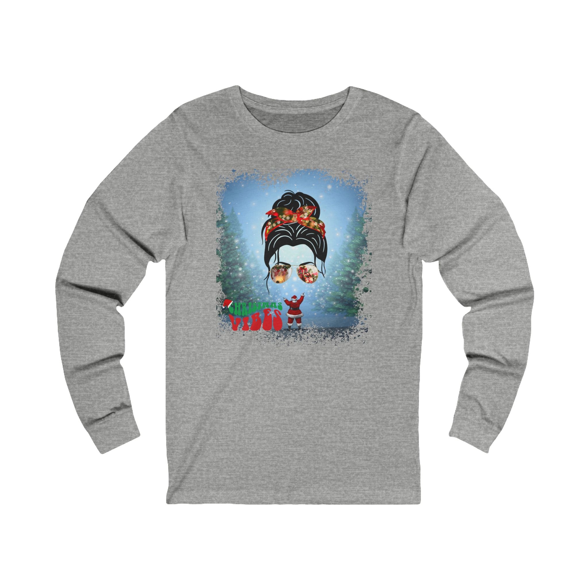 Christmas Vibes Santa, Dark Hair Messy Bun, Unisex Jersey Long Sleeve Tee