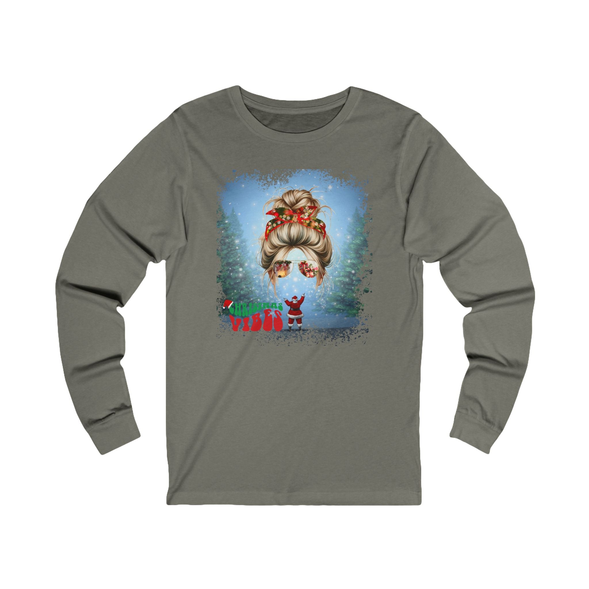 Christmas Vibes Santa, Blond Hair Messy Bun, Unisex Jersey Long Sleeve Tee