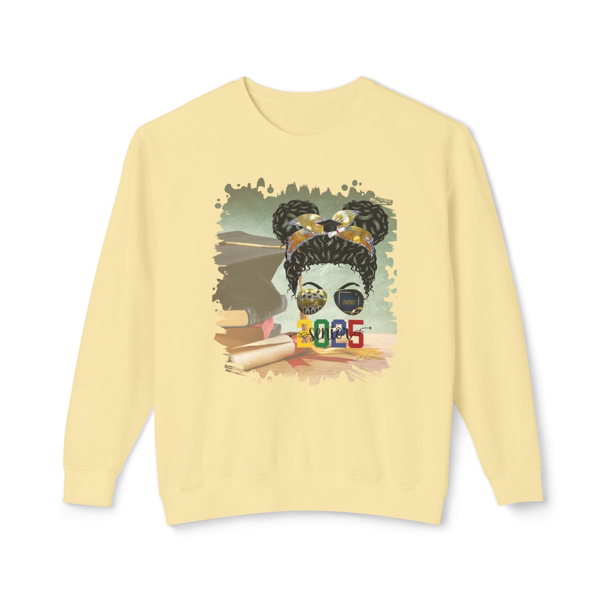 Senior 2025 Colorful, Cap & Degree/Diploma, Black Hair Messy Bun, Unisex Lightweight Crewneck Sweatshirt