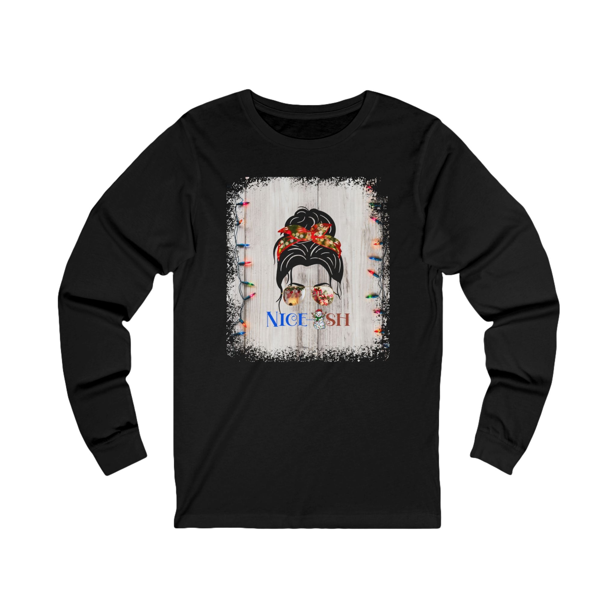 Nice-ish Christmas Lights String, Dark Hair Messy Bun, Unisex Jersey Long Sleeve Tee