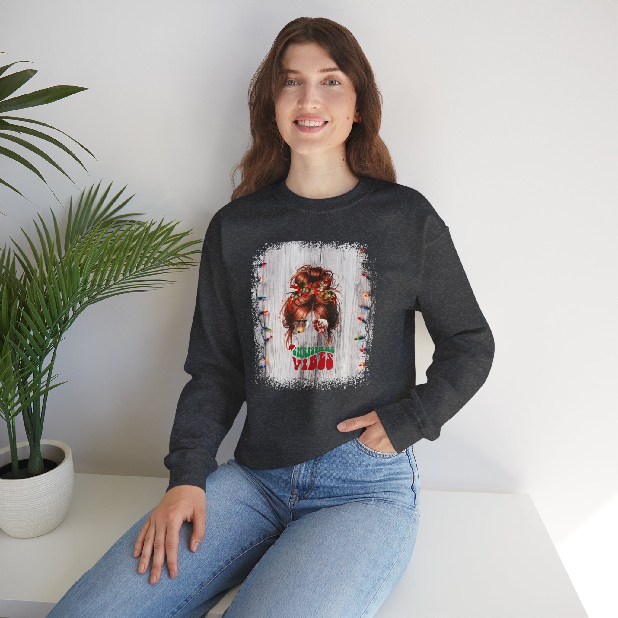 Christmas Vibes Christmas String Lights, Red Hair Messy Bun, Unisex Heavy Blend™ Crewneck Sweatshirt