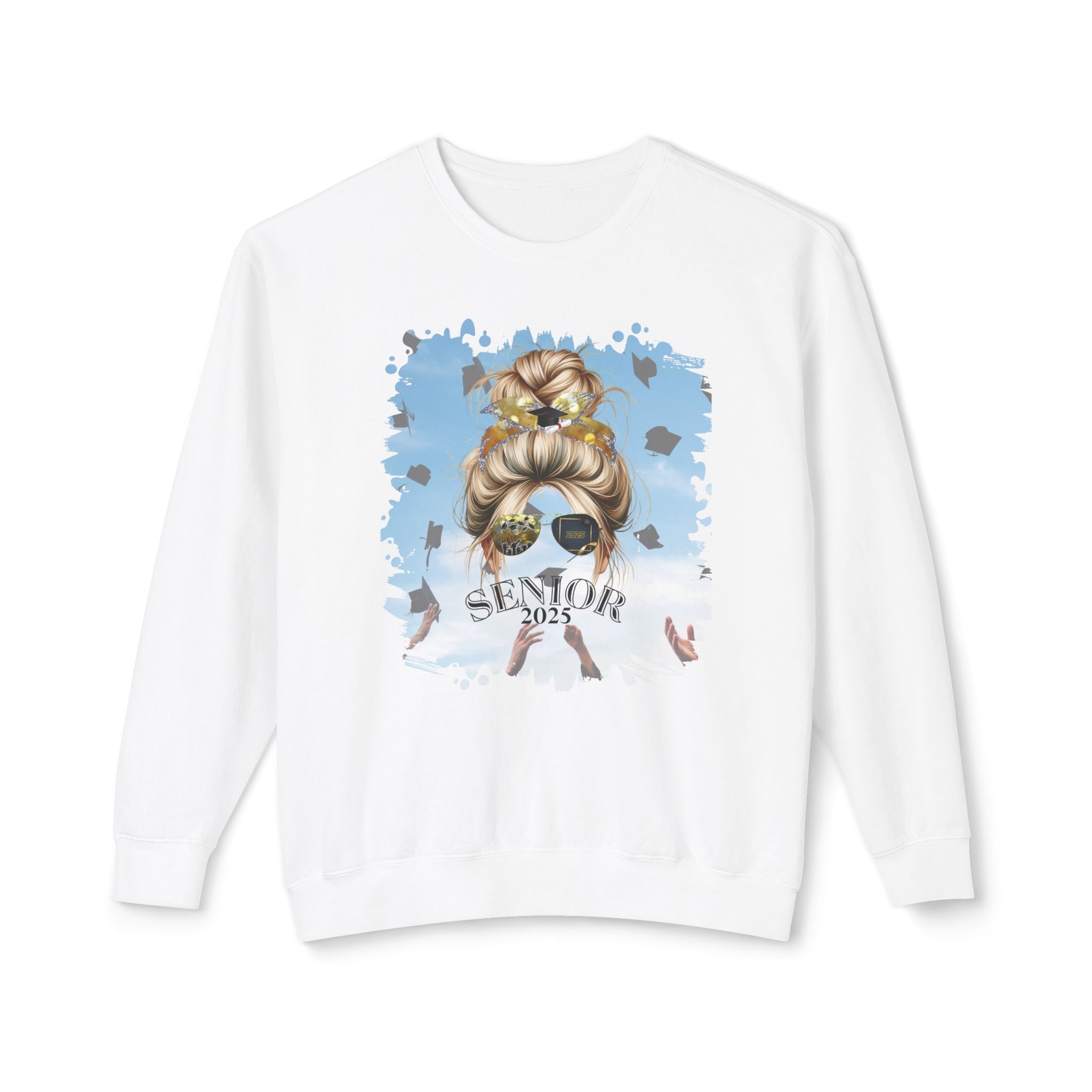 Senior 2025, Celebration, Blond Hair Messy Bun, Unisex Lightweight Crewneck Sweatshirt