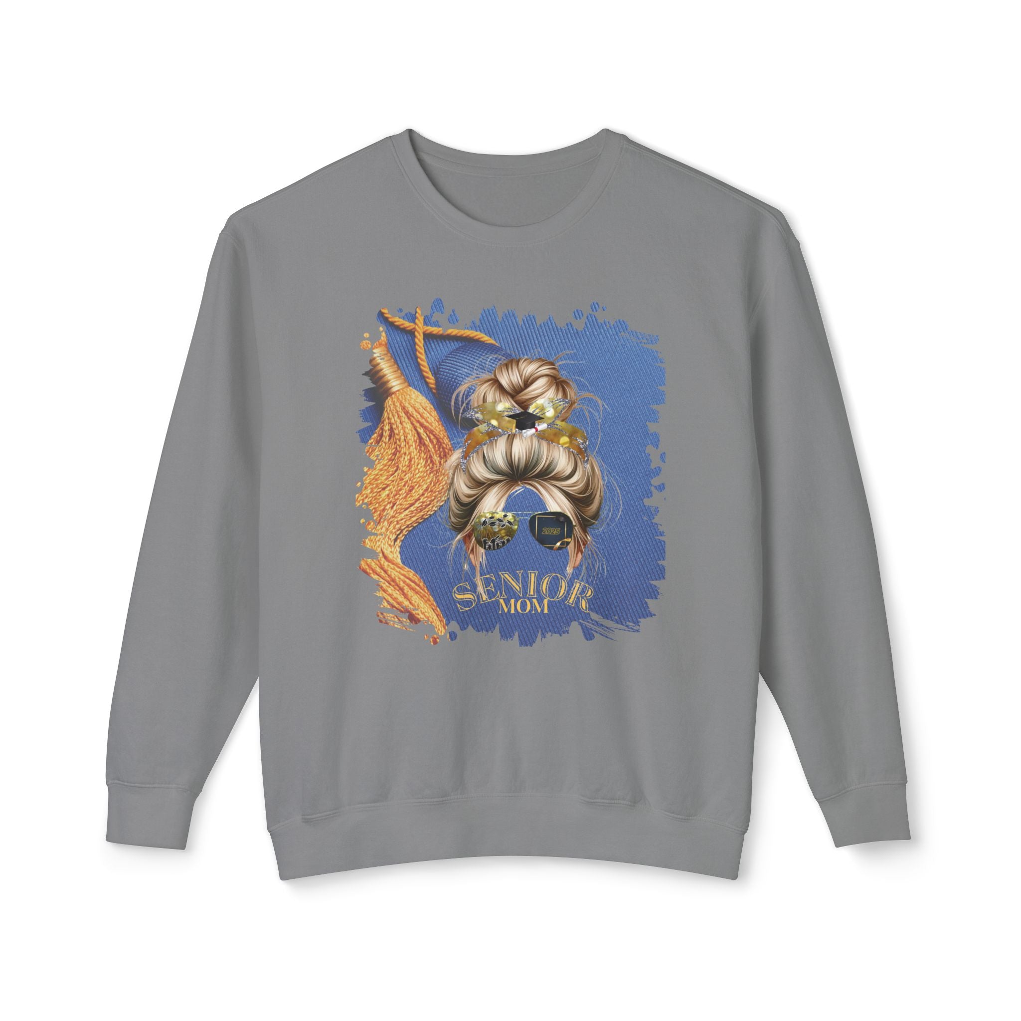 Senior Mom, Graduation Cap, Blond Hair Messy Bun, Unisex Lightweight Crewneck Sweatshirt