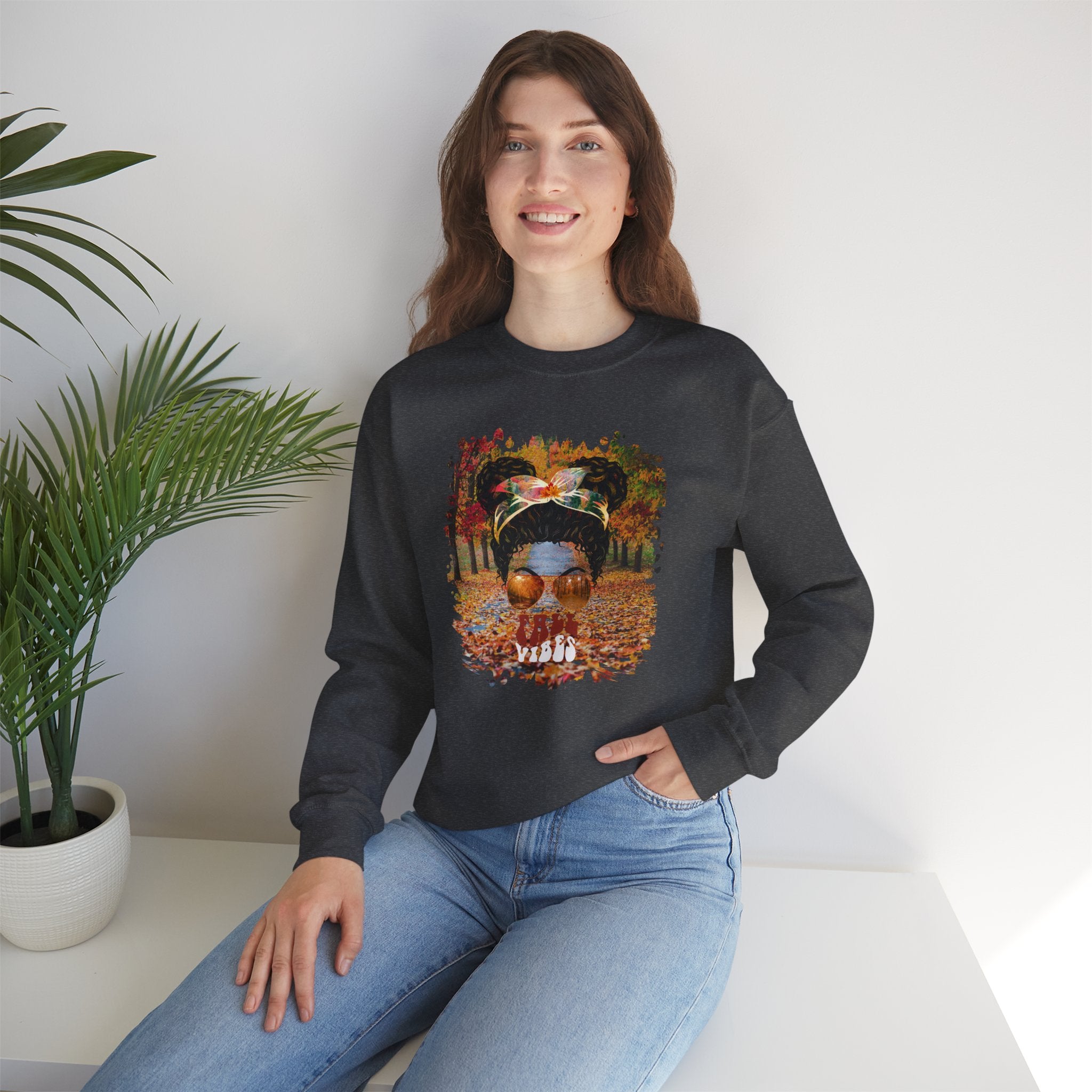 Fall Vibes Fall Trail, Black Hair Messy Bun, Unisex Heavy Blend™ Crewneck Sweatshirt