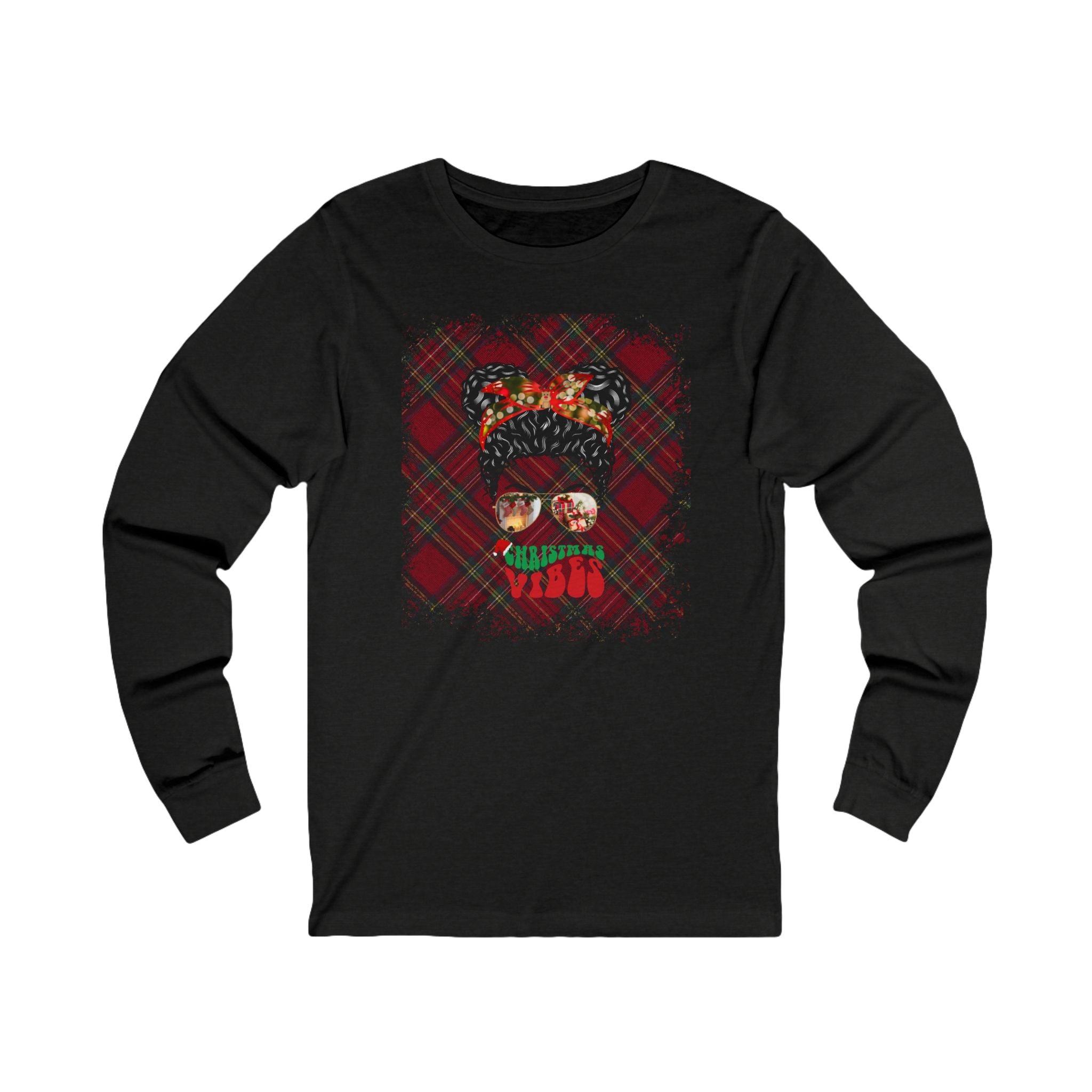 Christmas Vibes Christmas Plaid, Black Hair Messy Bun, Unisex Jersey Long Sleeve Tee