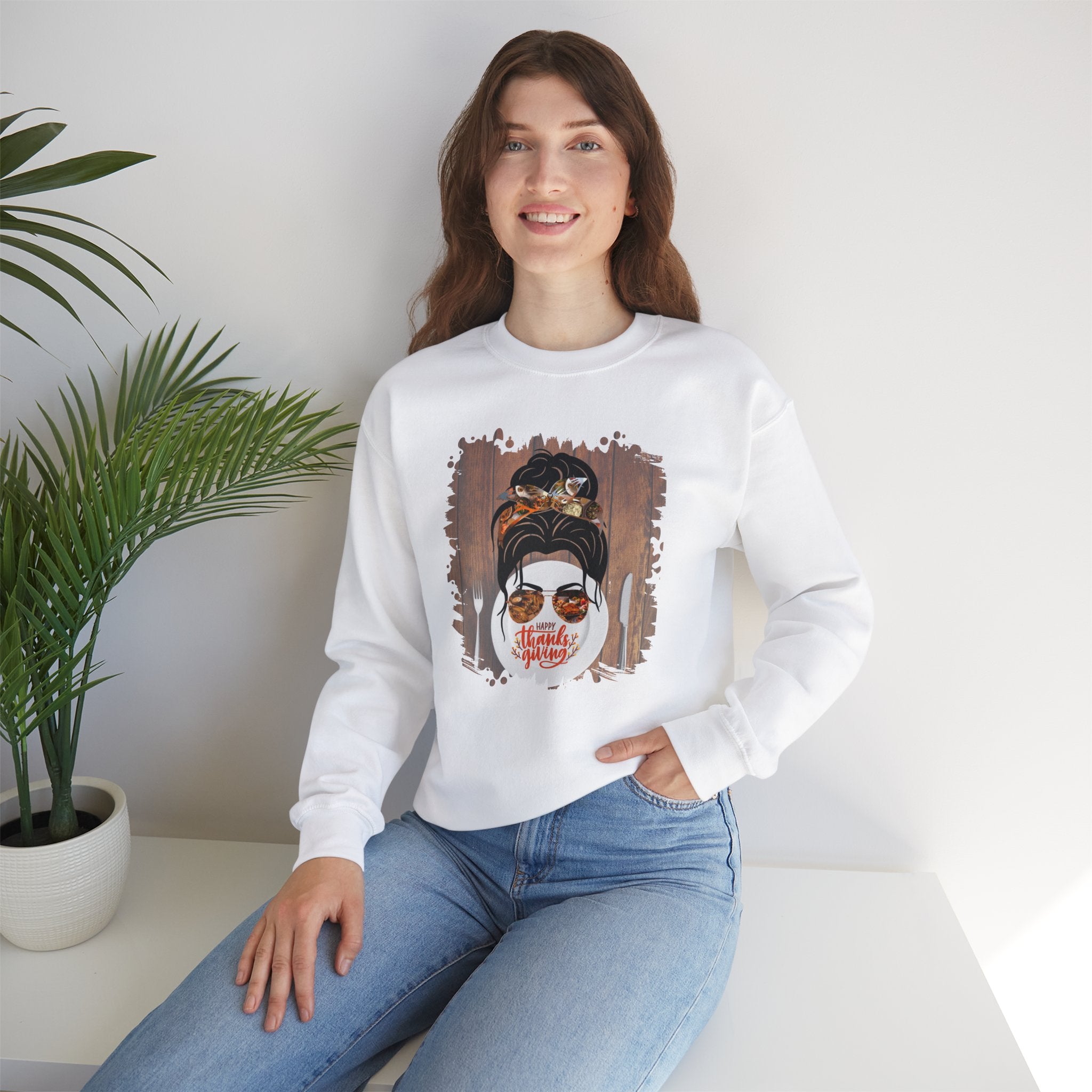 Happy Thanksgiving Plate Setting, Dark Hair Messy Bun, Unisex Heavy Blend™ Crewneck Sweatshirt