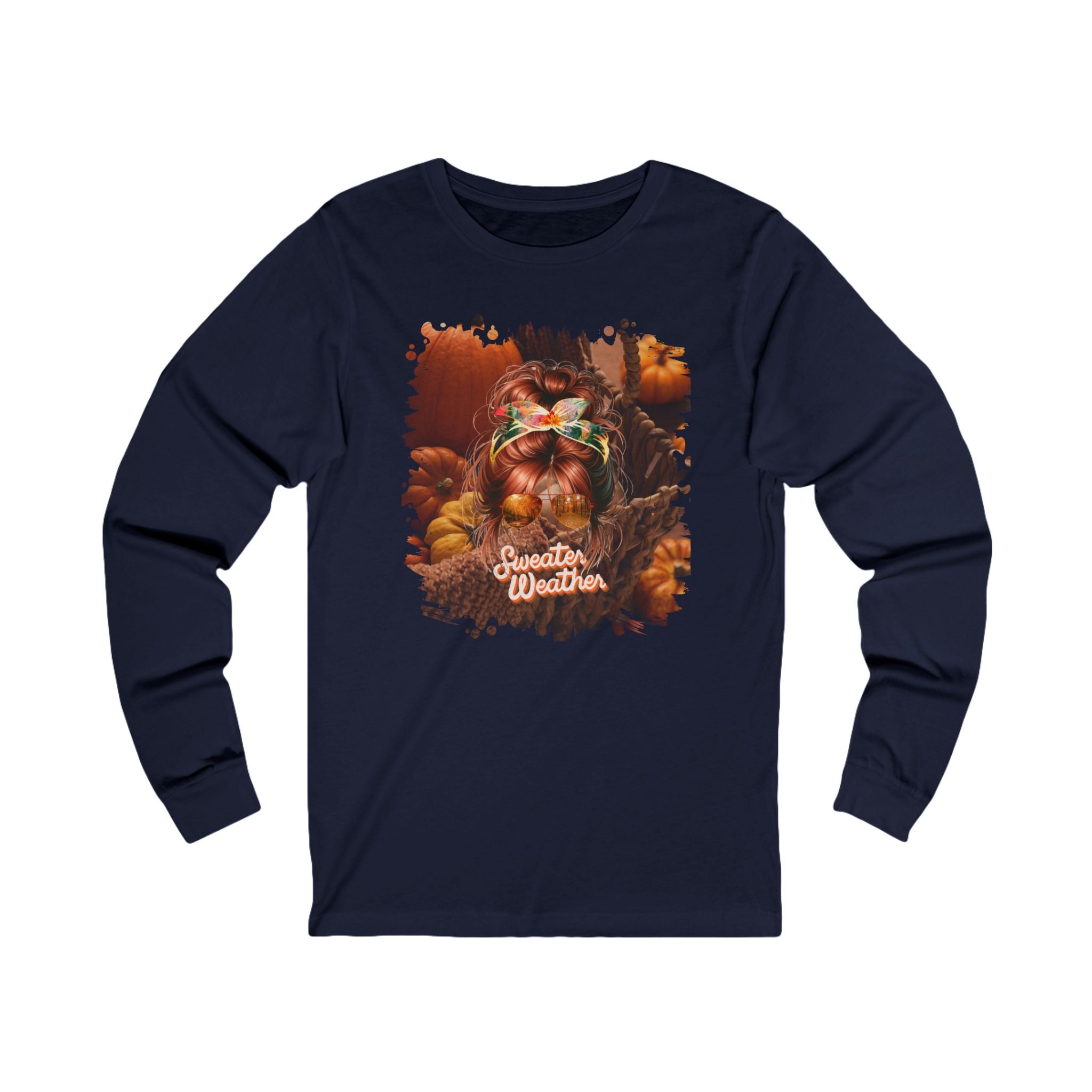 Sweater Weather Fall Pumpkins, Red Hair Messy Bun, Unisex Jersey Long Sleeve Tee