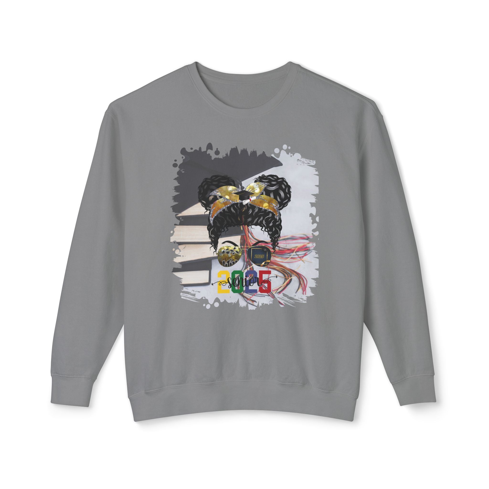 Senior 2025 Colorful, Cap & Books, Black Hair Messy Bun, Unisex Lightweight Crewneck Sweatshirt
