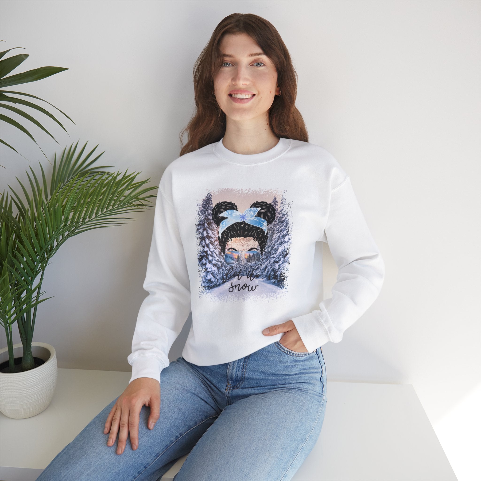 Let it Snow Winter Trail, Black Hair Messy Bun, Unisex Heavy Blend™ Crewneck Sweatshirt