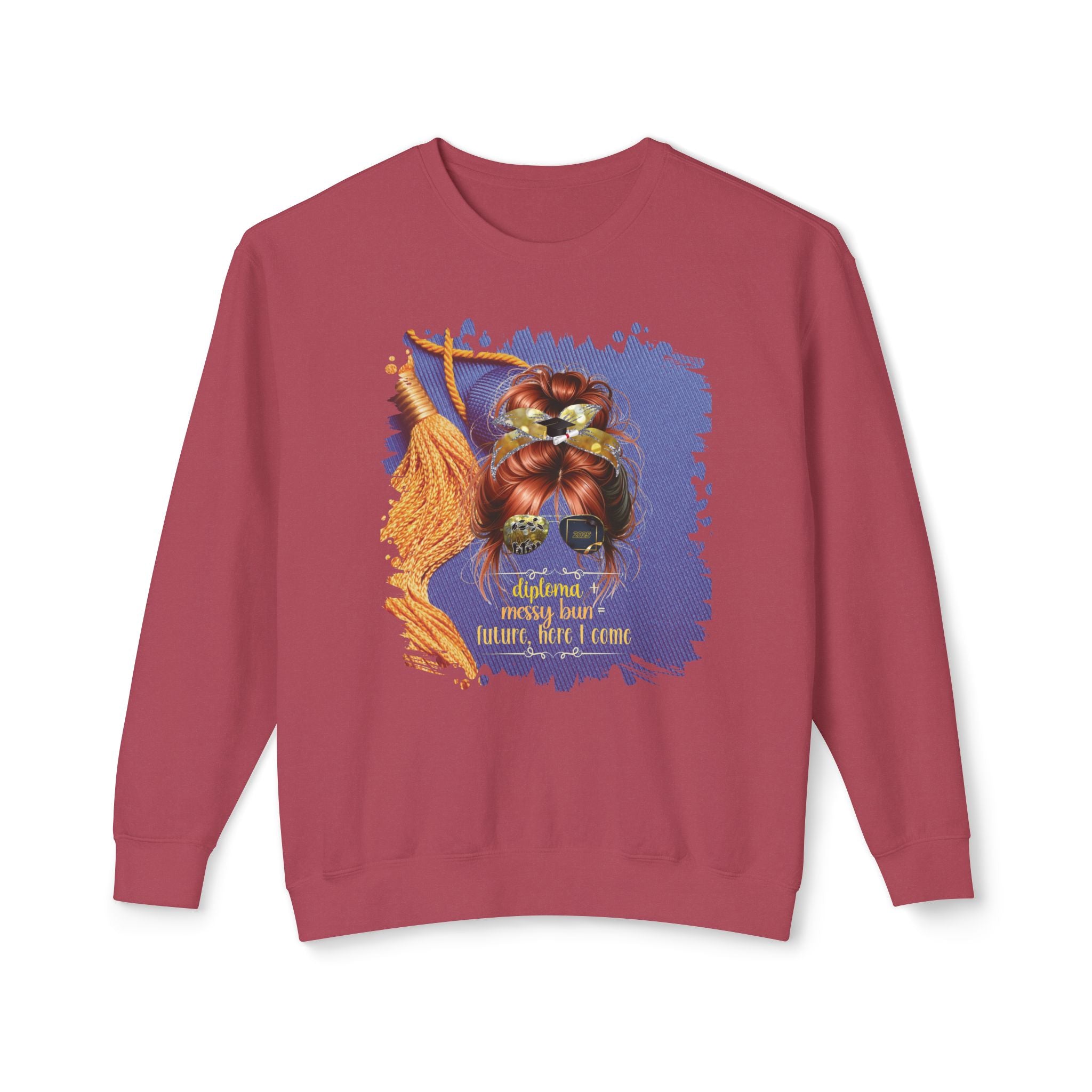 Diploma + Messy Bun, Graduation Cap, Red Hair Messy Bun, Unisex Lightweight Crewneck Sweatshirt