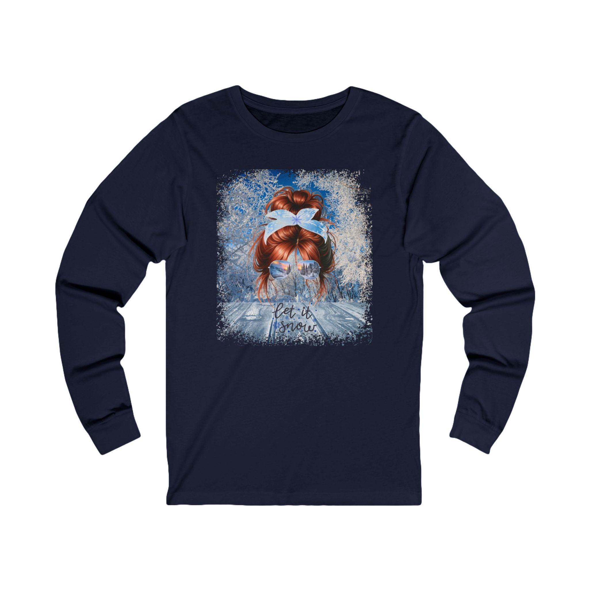 Let it Snow Winter Sunny Porch, Red Hair Messy Bun, Unisex Jersey Long Sleeve Tee