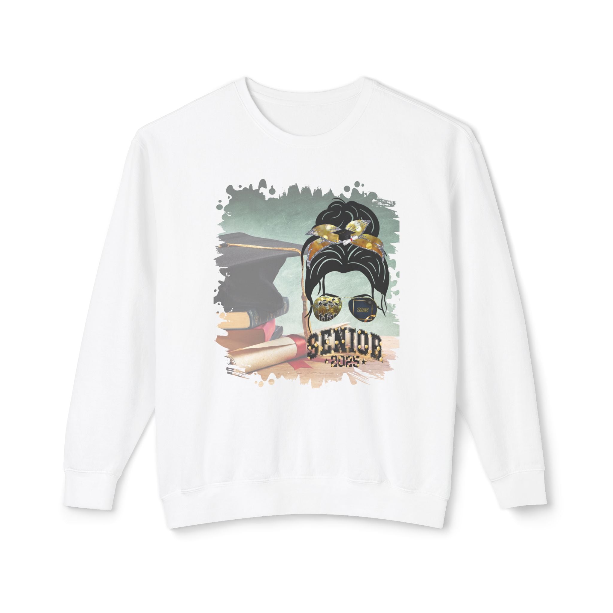 Senior 2025 Balloons, Cap & Degree/Diploma, Dark Hair Messy Bun, Unisex Lightweight Crewneck Sweatshirt