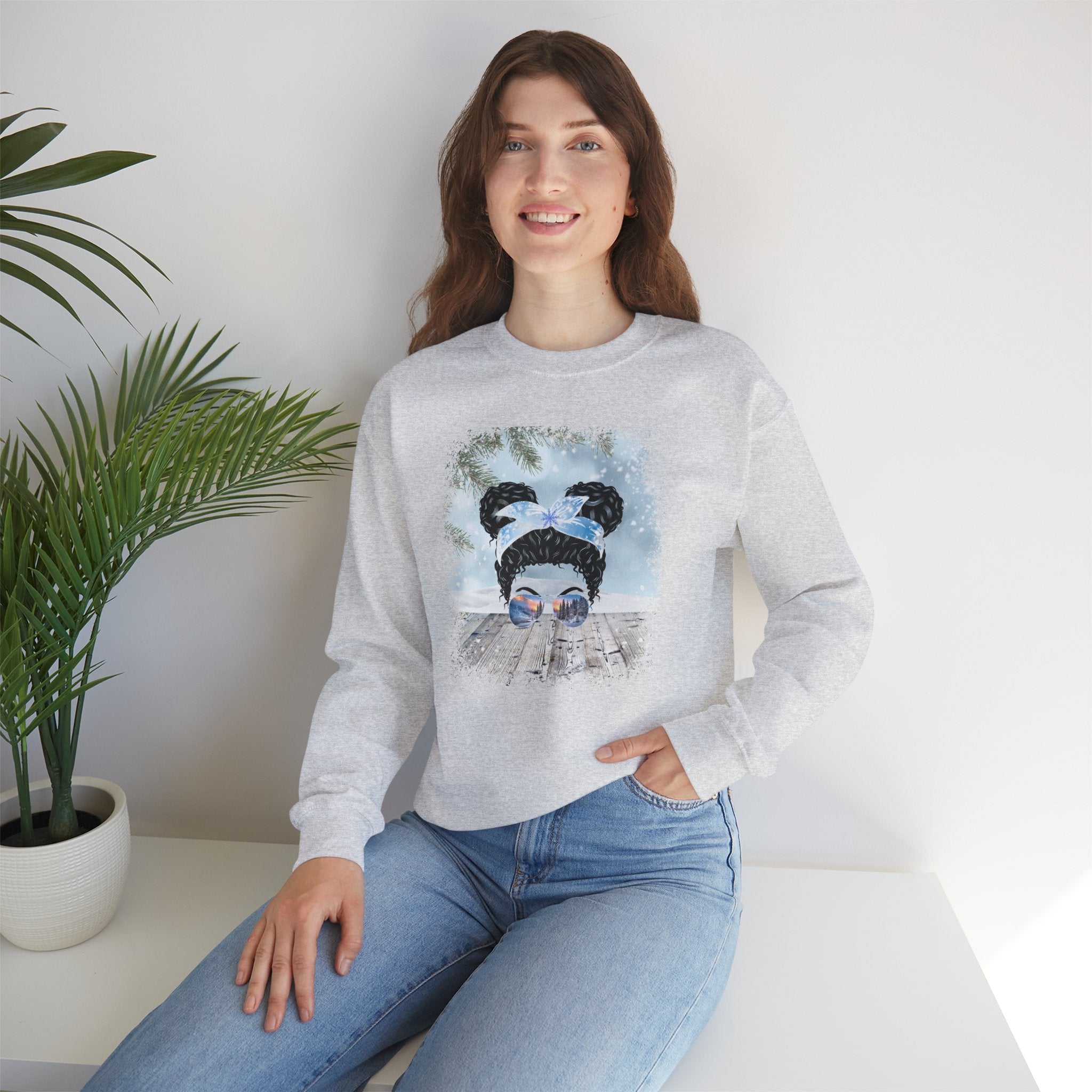 Snowy Porch, Black Hair Messy Bun, Unisex Heavy Blend™ Crewneck Sweatshirt