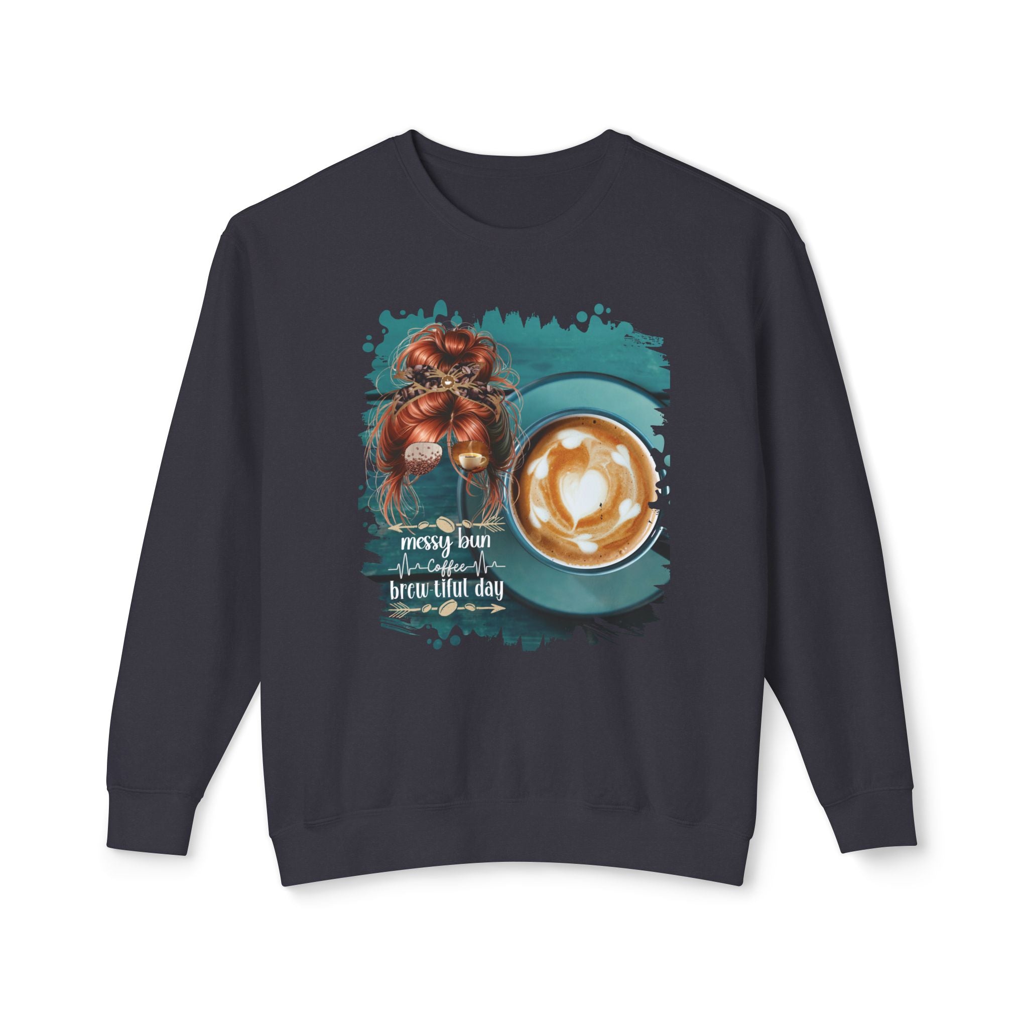 Coffee Heartbeat, Coffee Cup, Red Hair Messy Bun, Unisex Lightweight Crewneck Sweatshirt