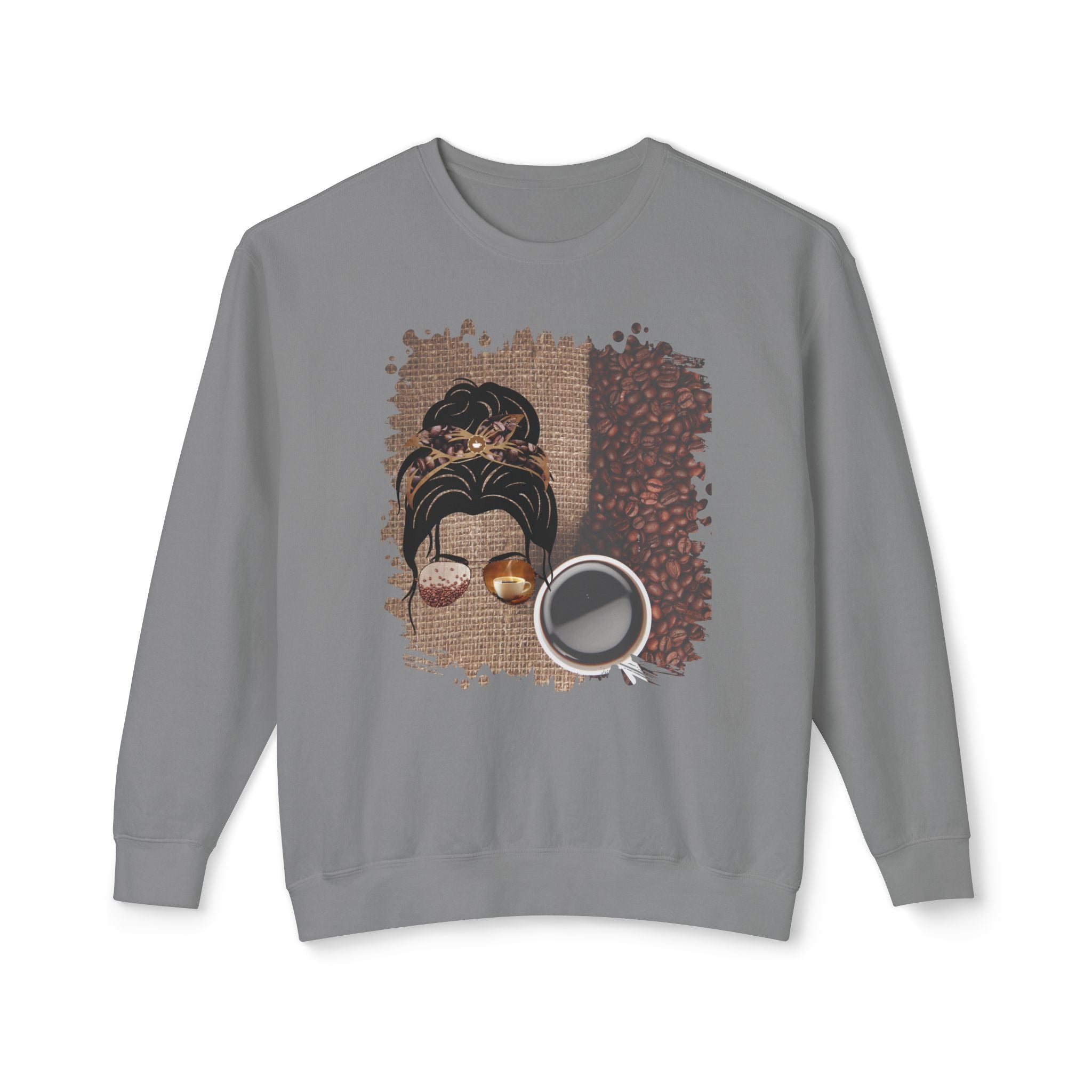 Coffee Beans Bag, Dark Hair Messy Bun, Unisex Lightweight Crewneck Sweatshirt