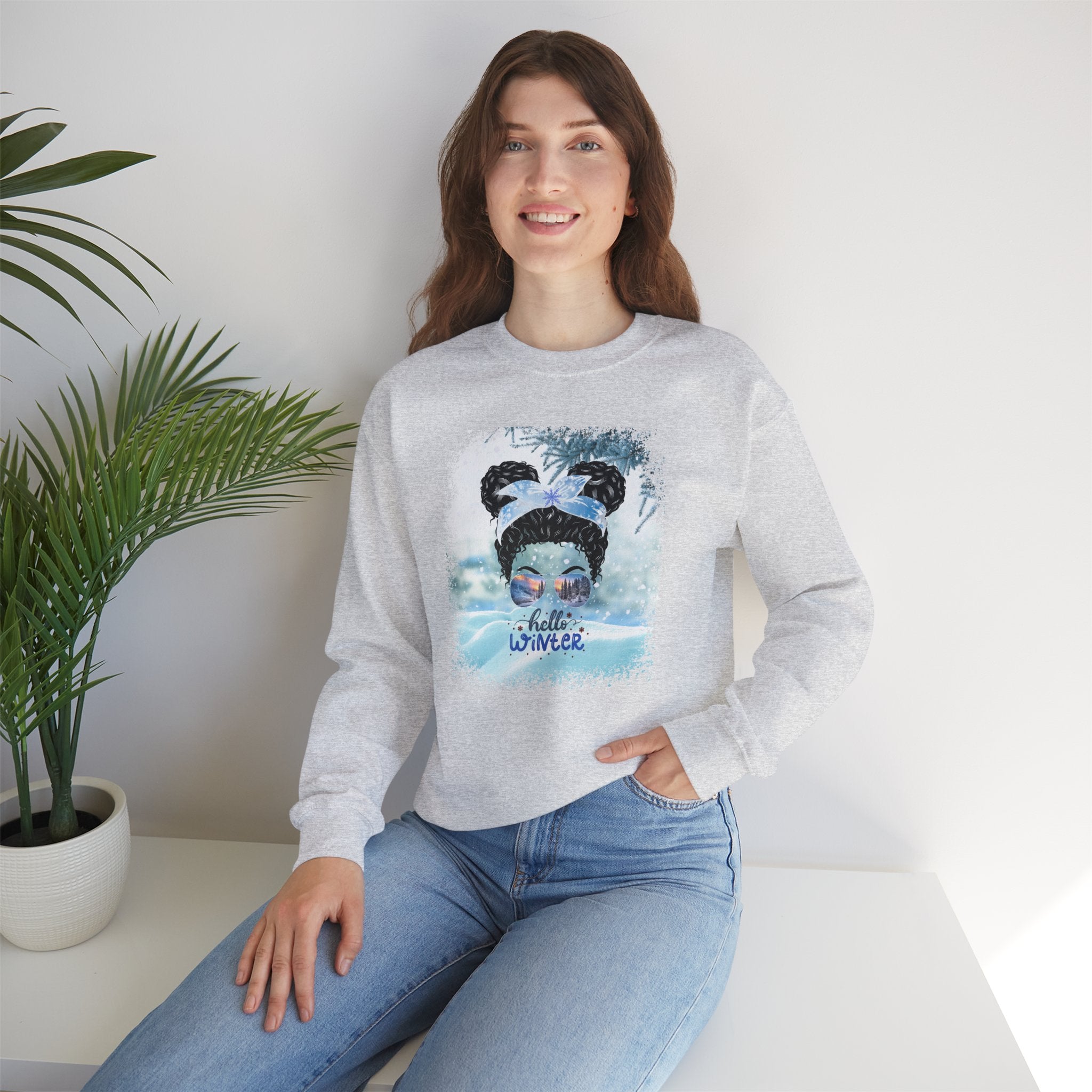 Hello Winter Snow, Black Hair Messy Bun, Unisex Heavy Blend™ Crewneck Sweatshirt