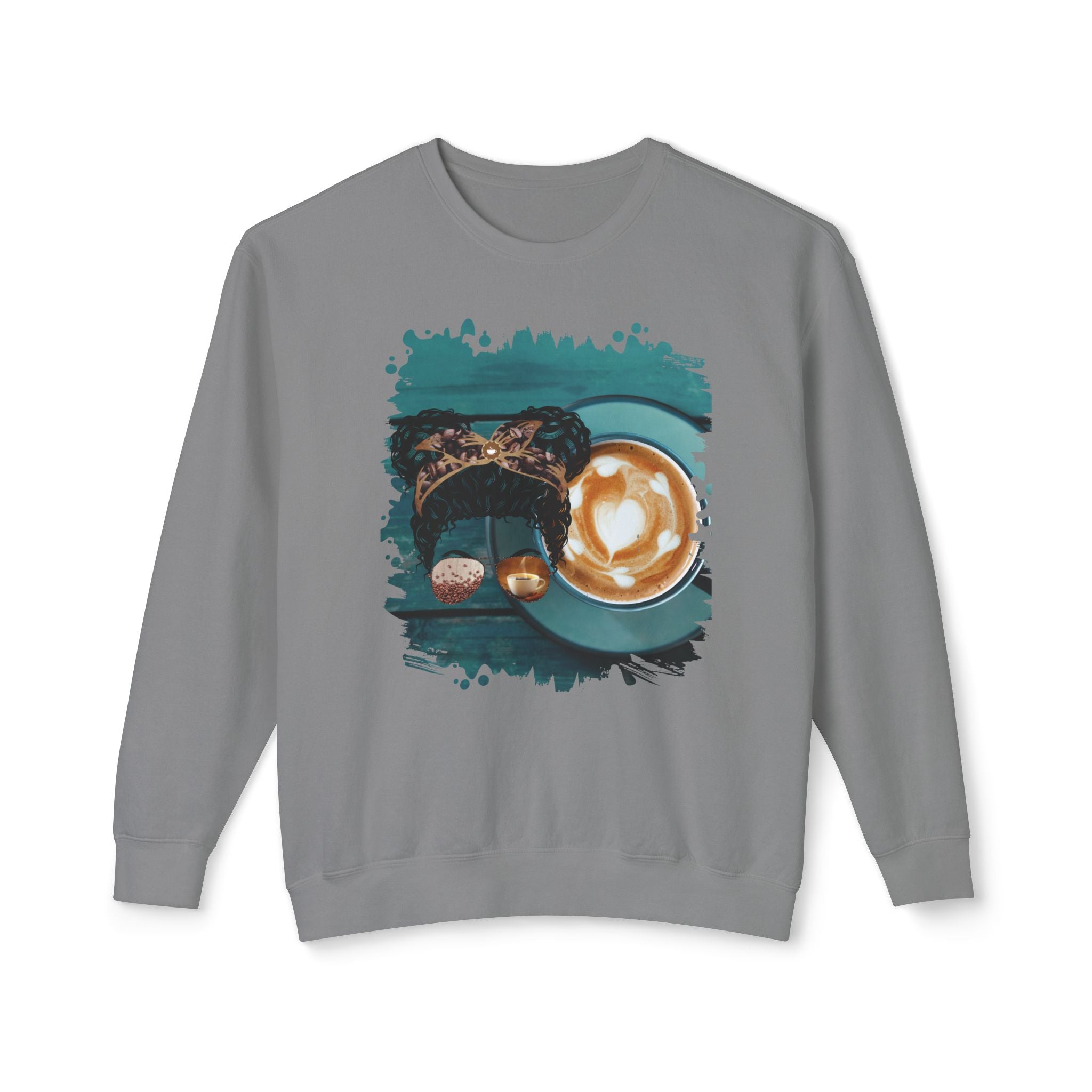 Coffee Cup, Black Hair Messy Bun, Unisex Lightweight Crewneck Sweatshirt